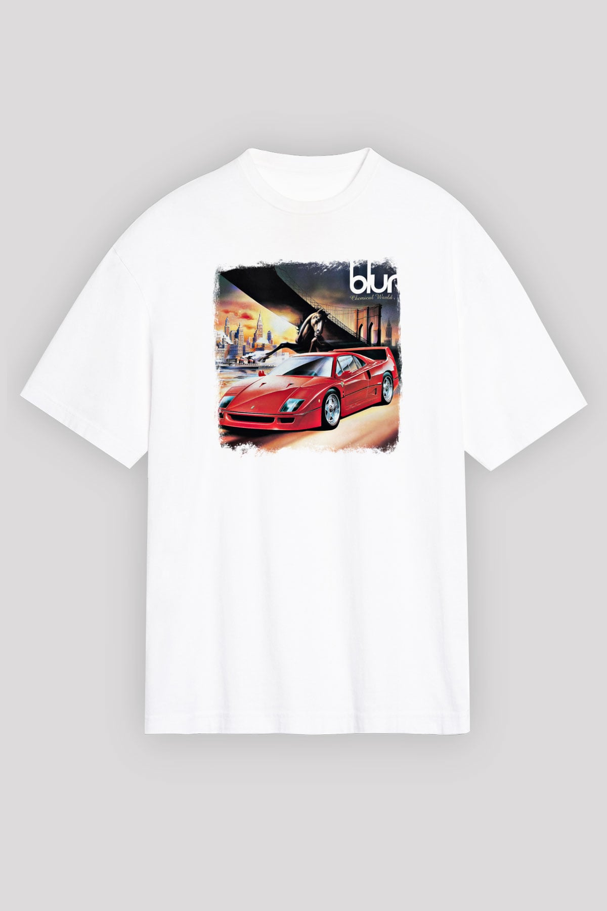 Blur Baskılı Unisex Beyaz Oversize Tişört