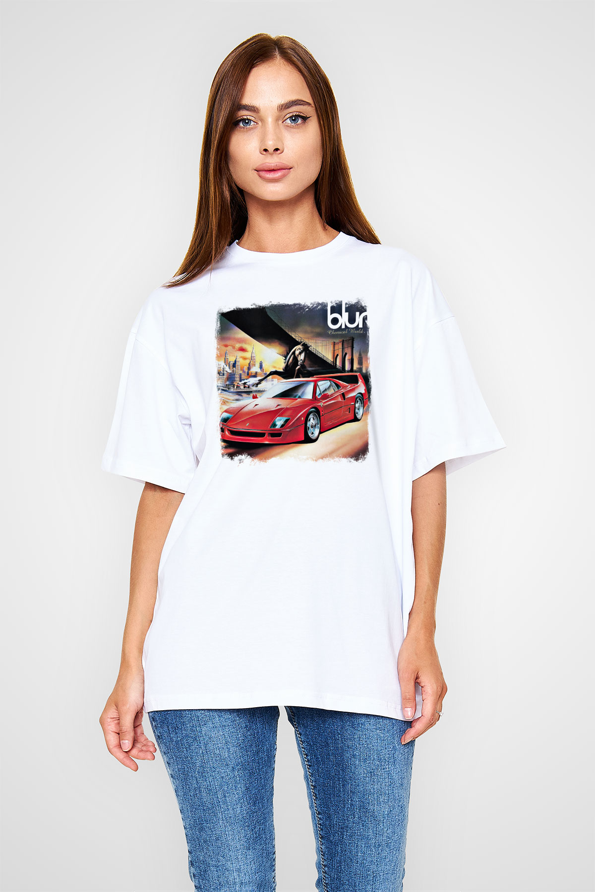 Blur Baskılı Unisex Beyaz Oversize Tişört