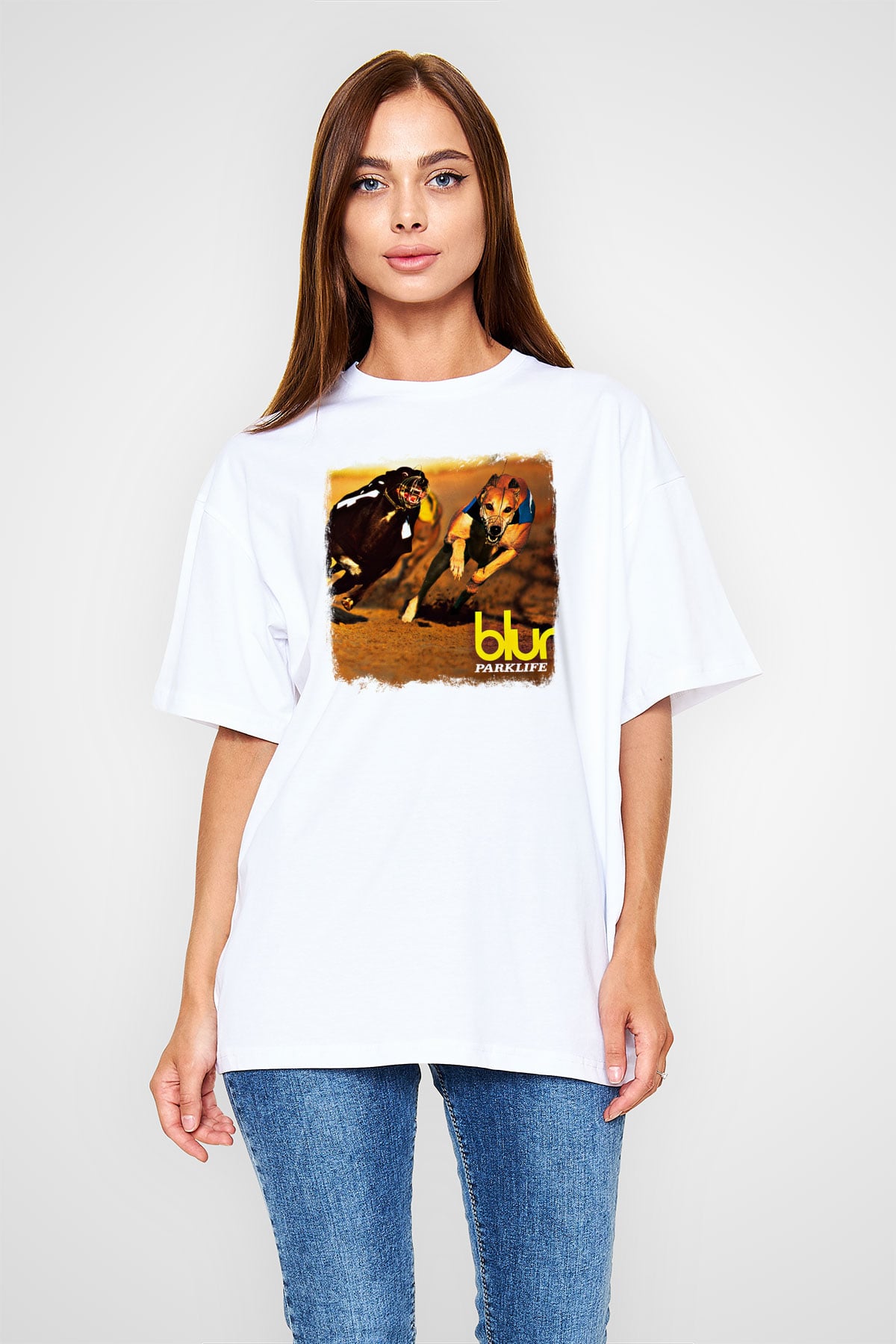 Blur Baskılı Unisex Beyaz Oversize Tişört