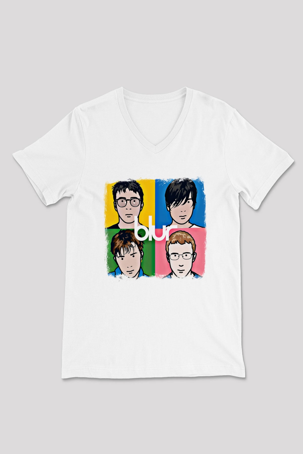 Blur Baskılı Unisex Beyaz V Yaka Tişört