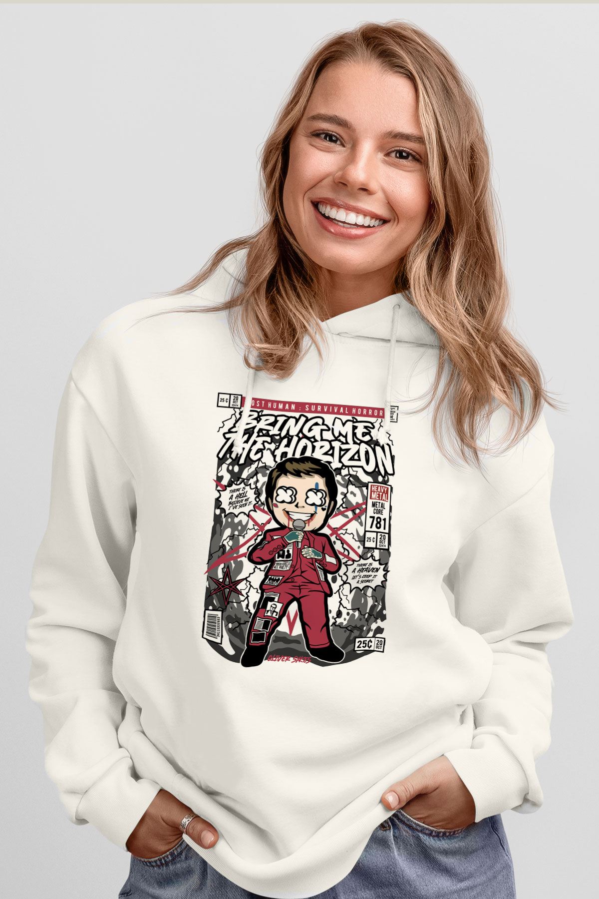 BMTH Baskılı Unisex Beyaz Hoodie