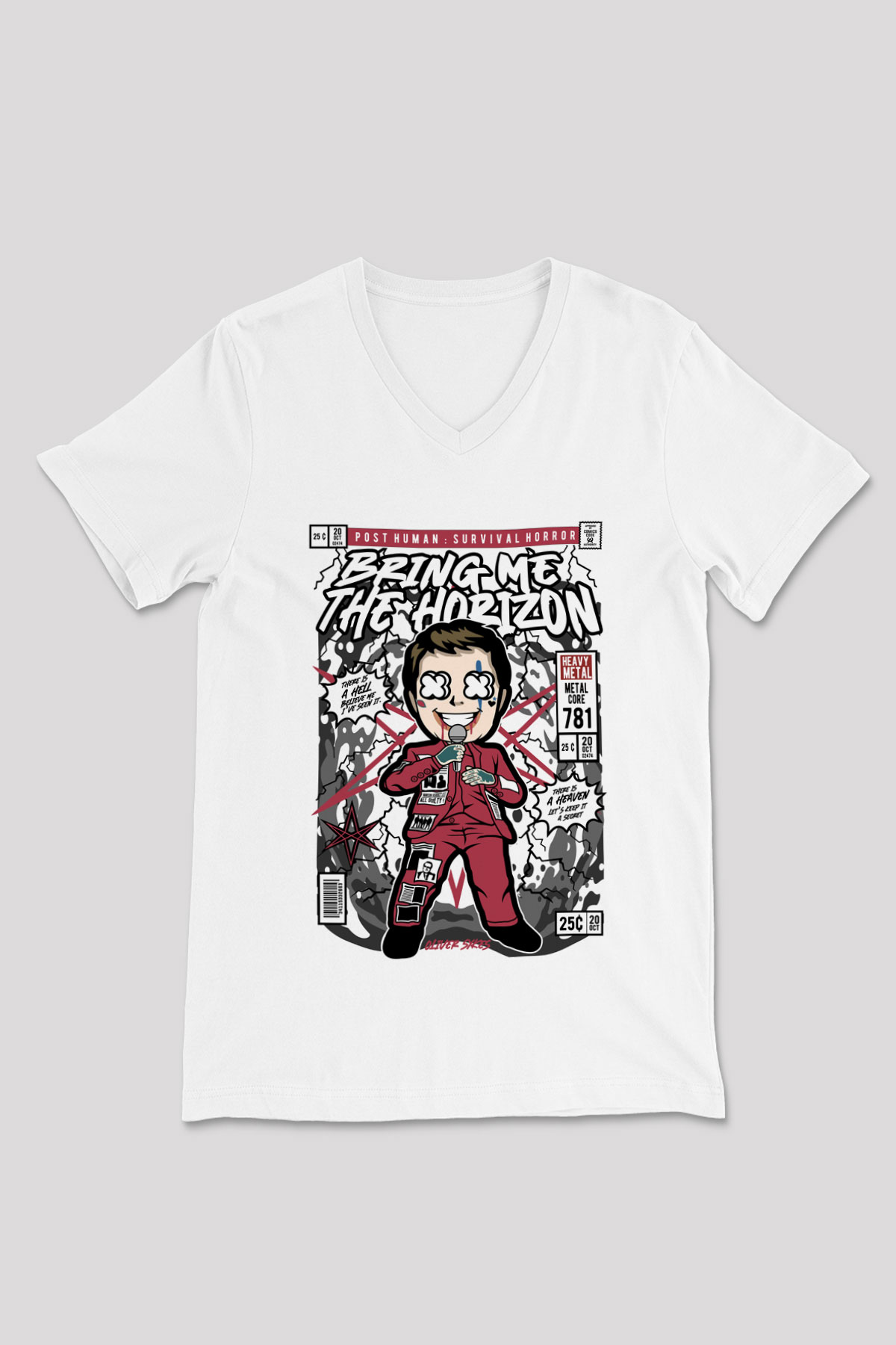 BMTH Baskılı Unisex Beyaz V Yaka Tişört