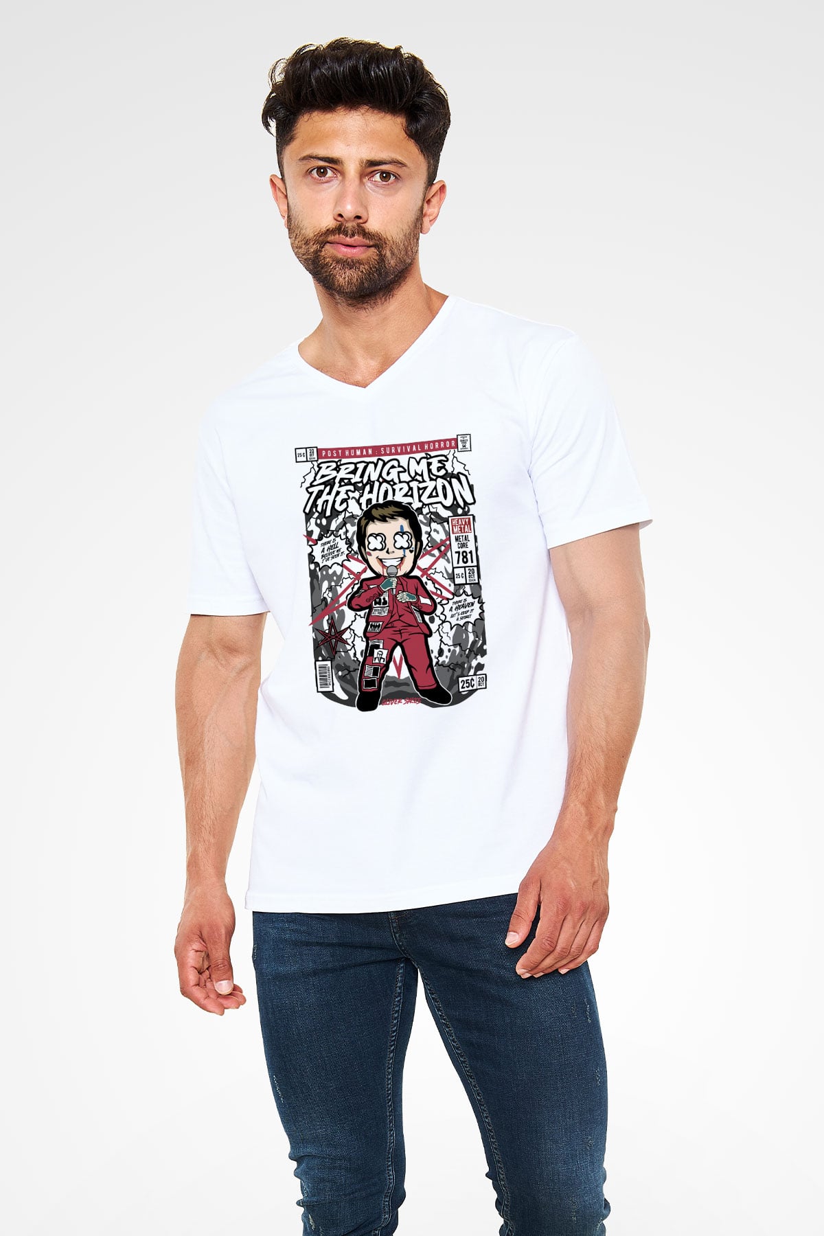BMTH Baskılı Unisex Beyaz V Yaka Tişört
