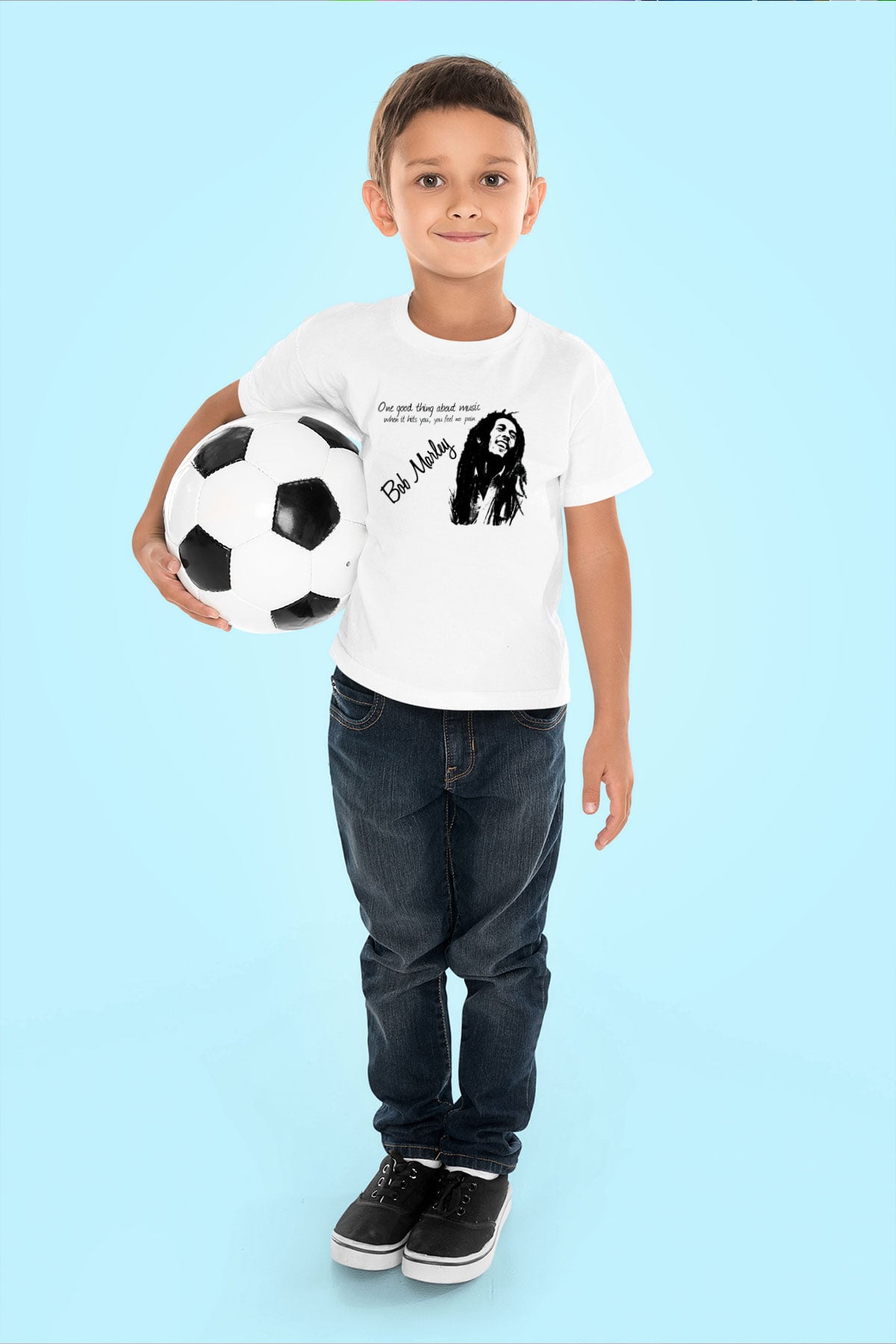 Bob Marley Baskılı Beyaz Unisex Çocuk Tişört