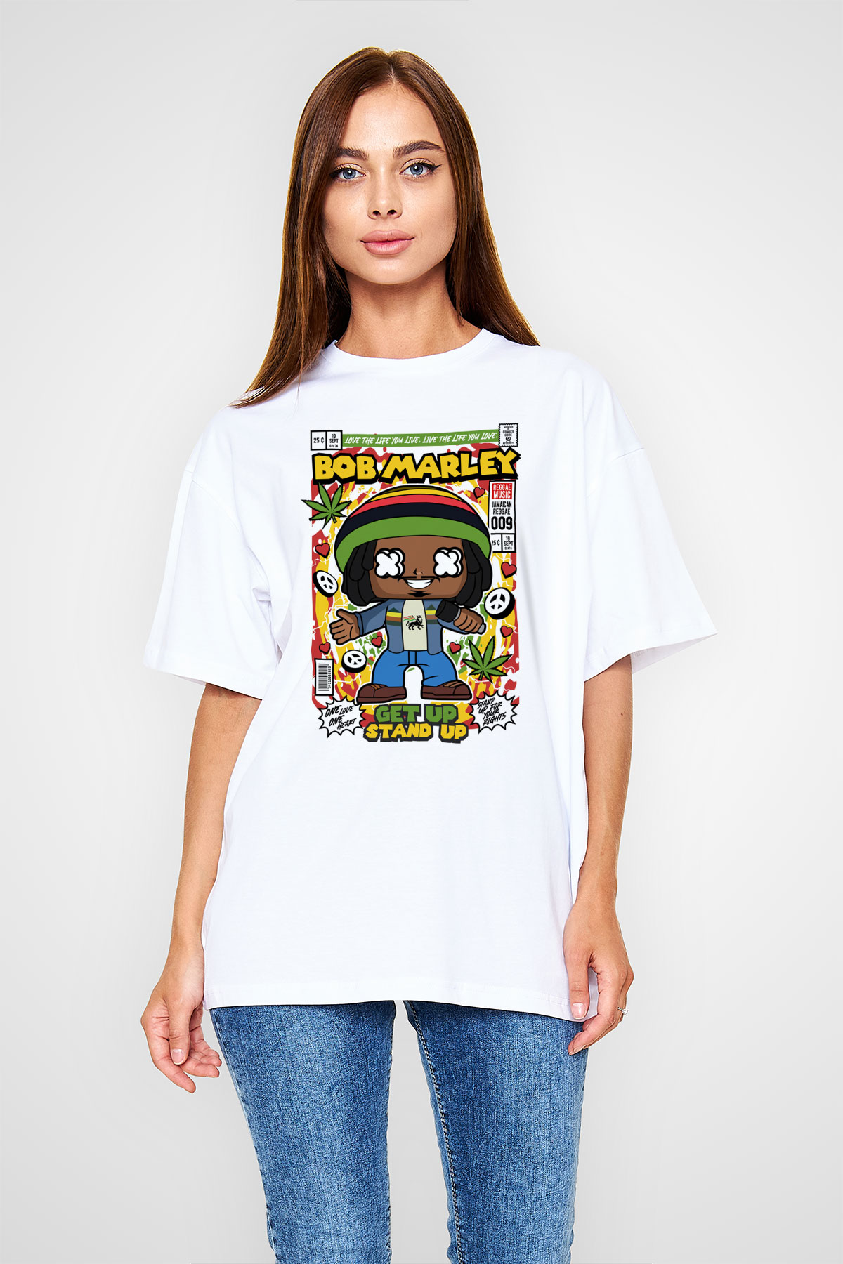 Bob Marley Baskılı Unisex Beyaz Oversize Tişört