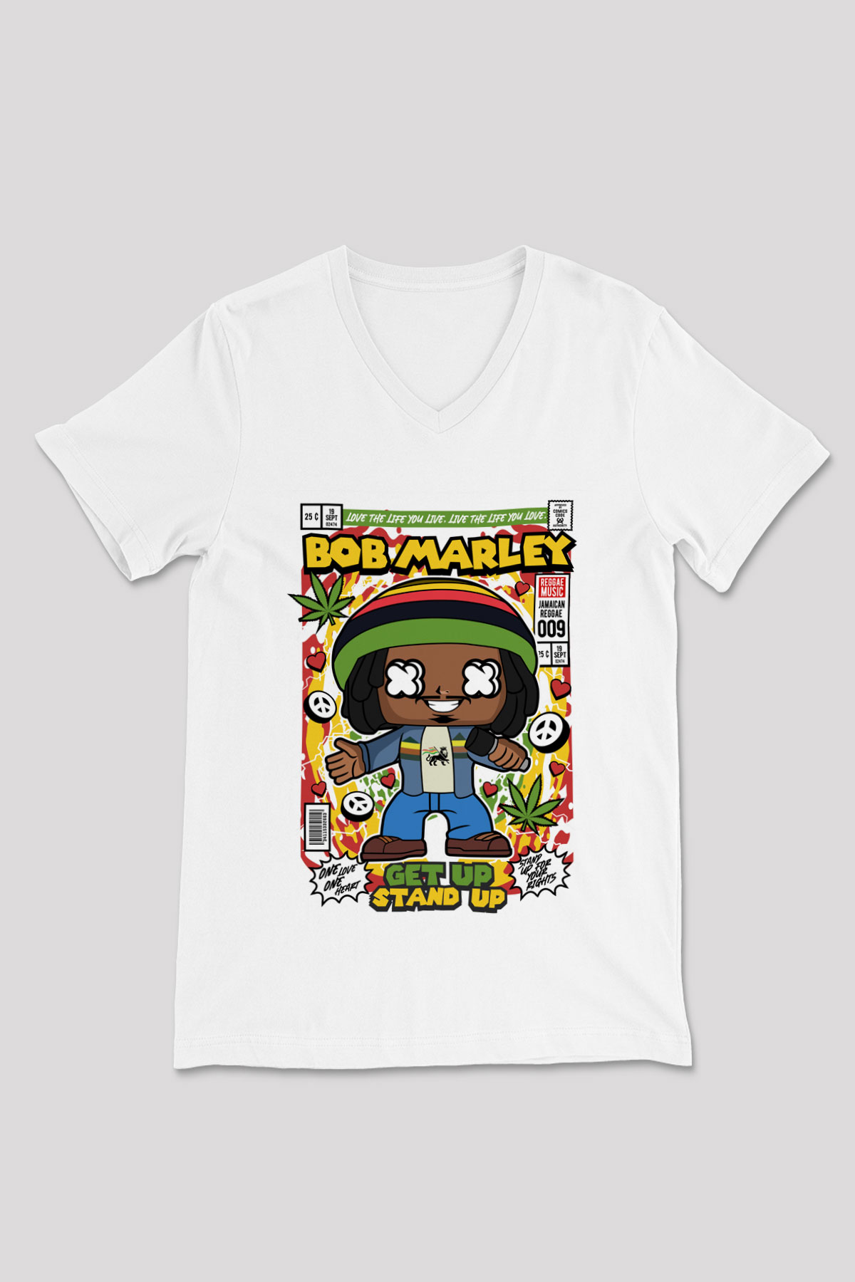 Bob Marley Baskılı Unisex Beyaz V Yaka Tişört