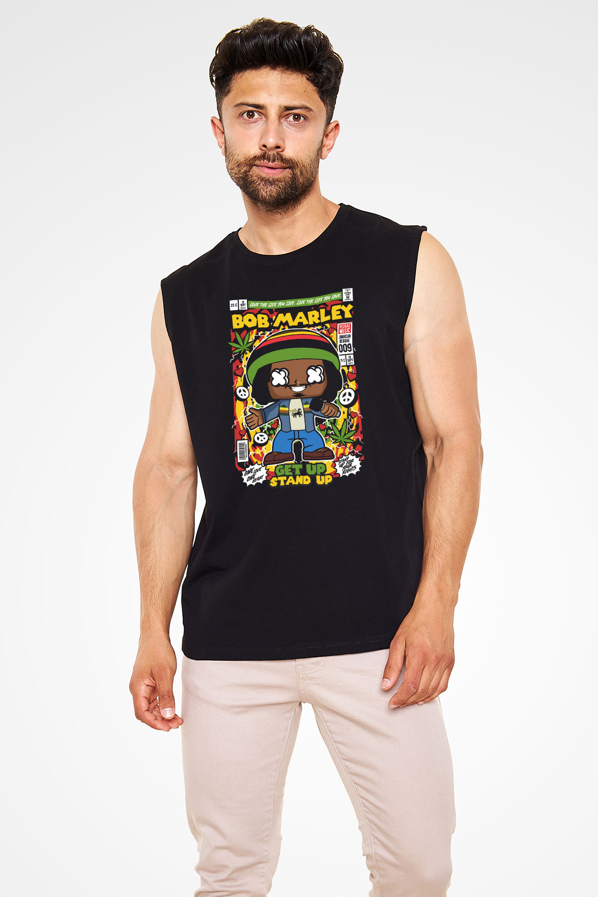 Bob Marley Baskılı Unisex Siyah Kolsuz Tişört
