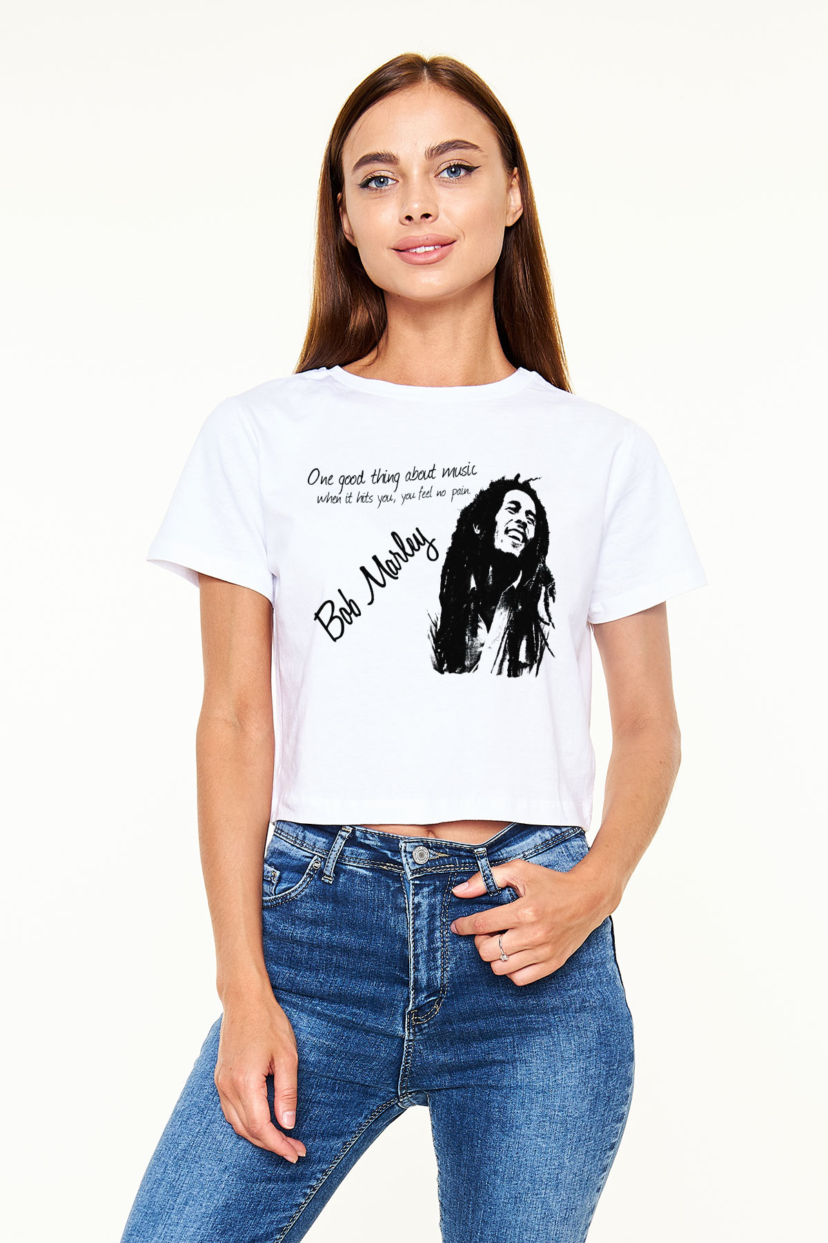 Bob Marley Beyaz Croptop Tişört