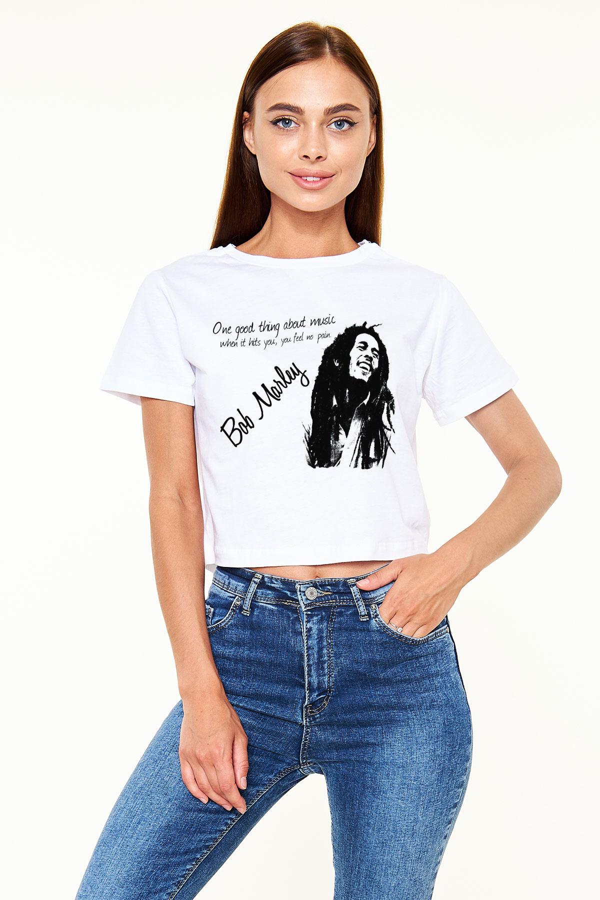 Bob Marley Beyaz Croptop Tişört