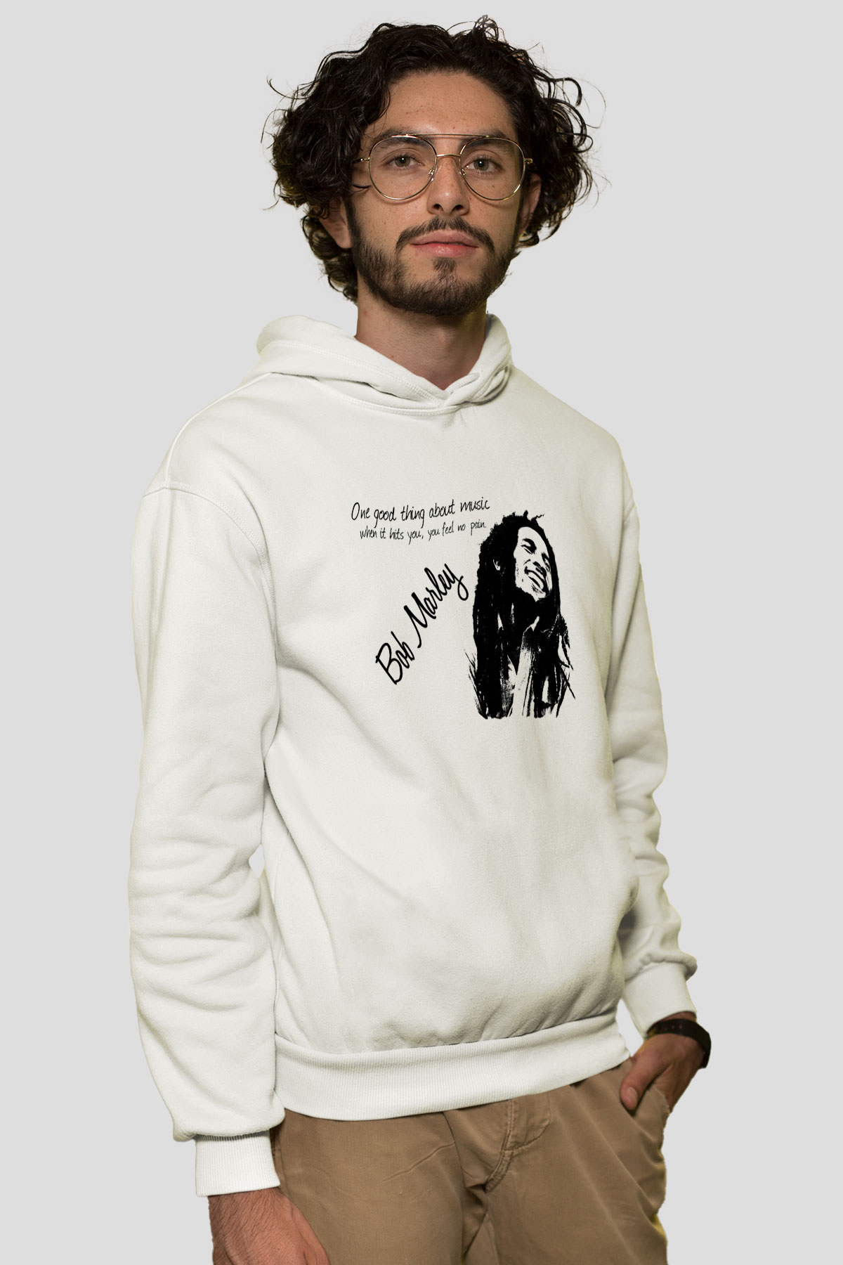 Bob Marley Beyaz Unisex Kapşonlu Sweatshirt