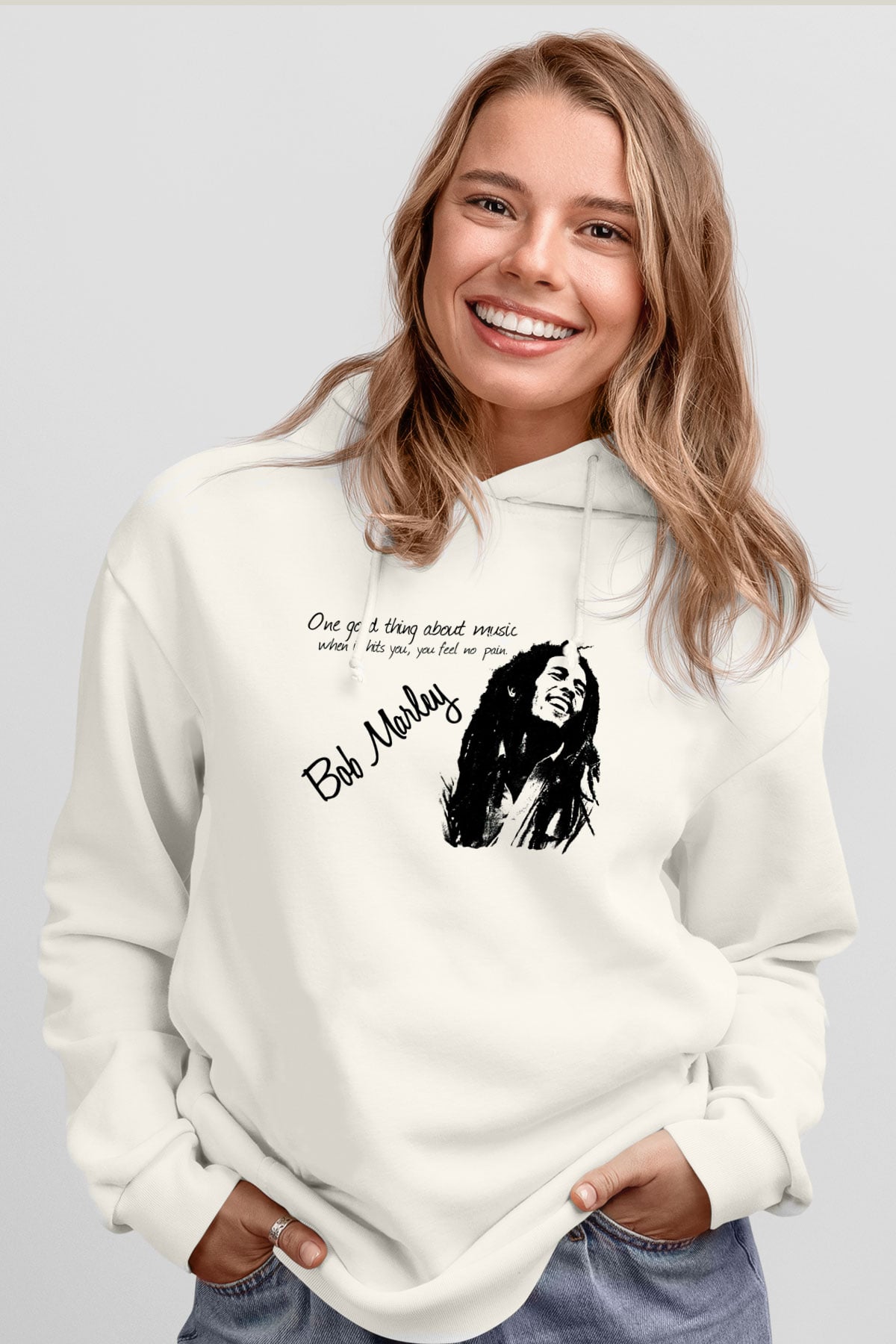 Bob Marley Beyaz Unisex Kapşonlu Sweatshirt