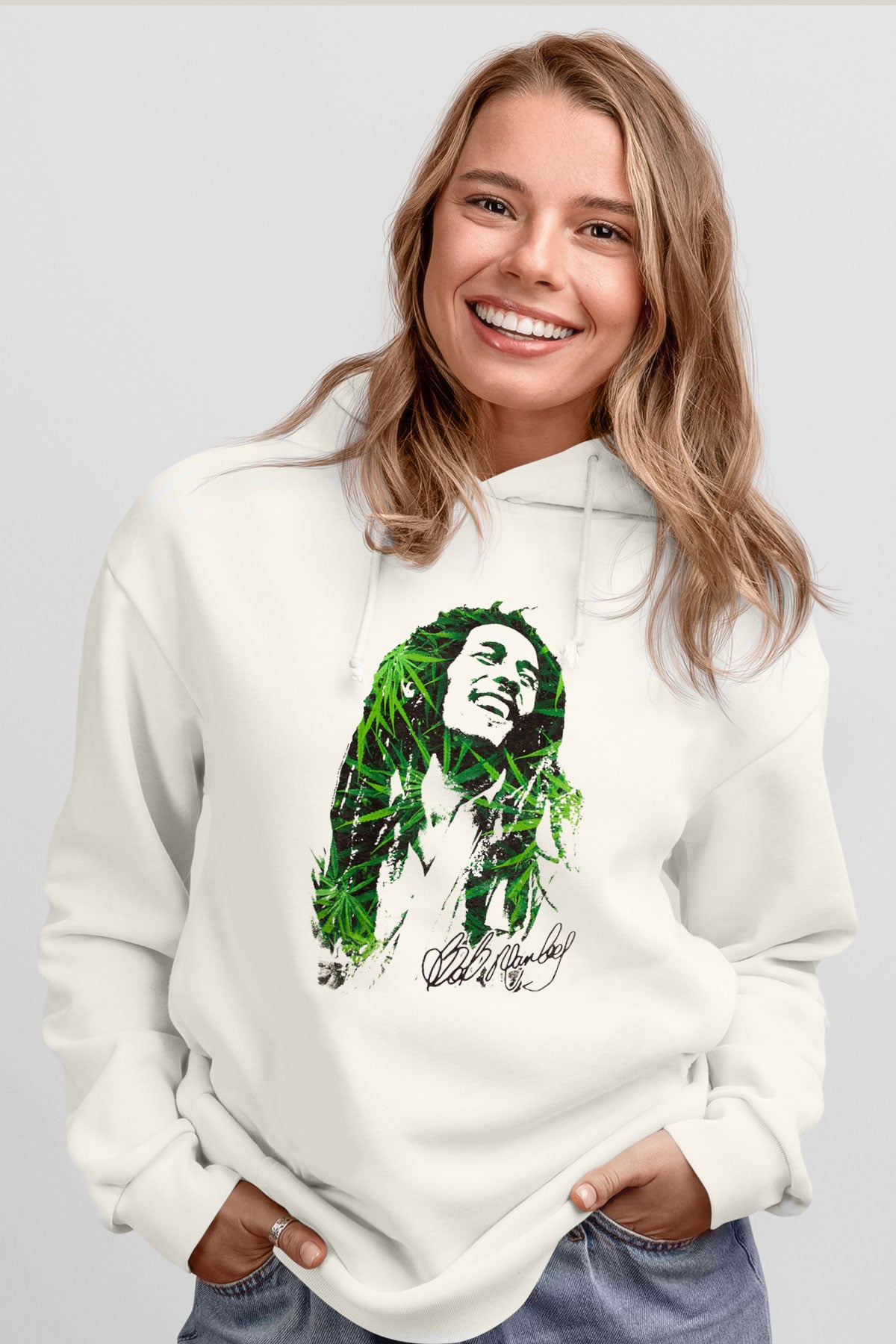 Bob Marley Beyaz Unisex Kapşonlu Sweatshirt