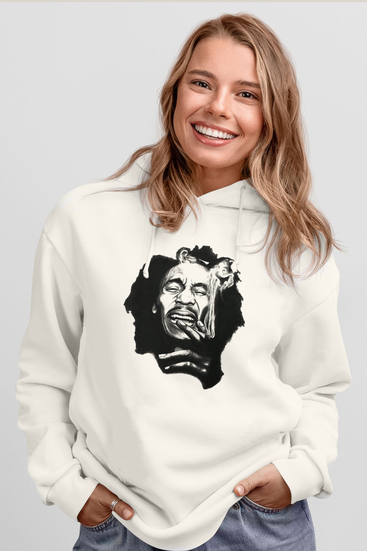 Bob Marley Beyaz Unisex Kapşonlu Sweatshirt