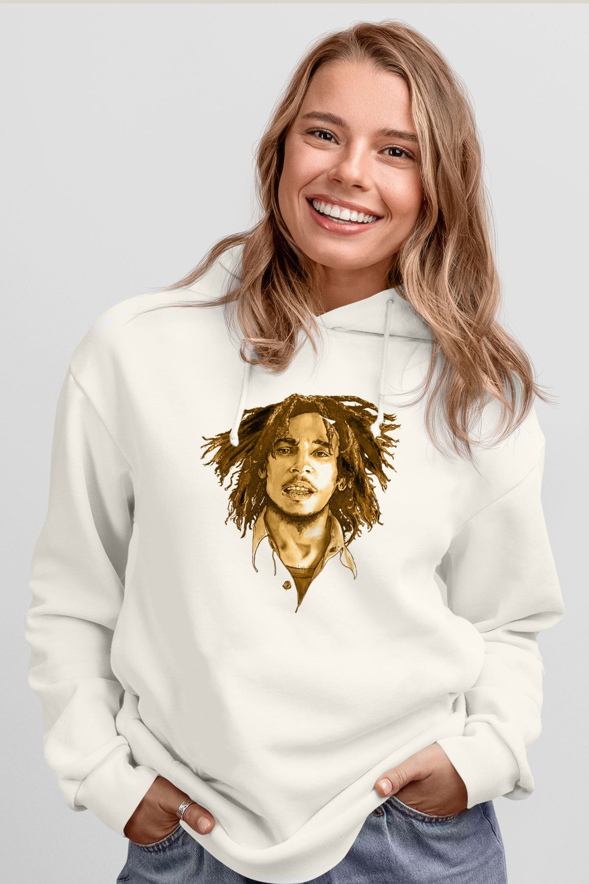 Bob Marley Beyaz Unisex Kapüşonlu Sweatshirt