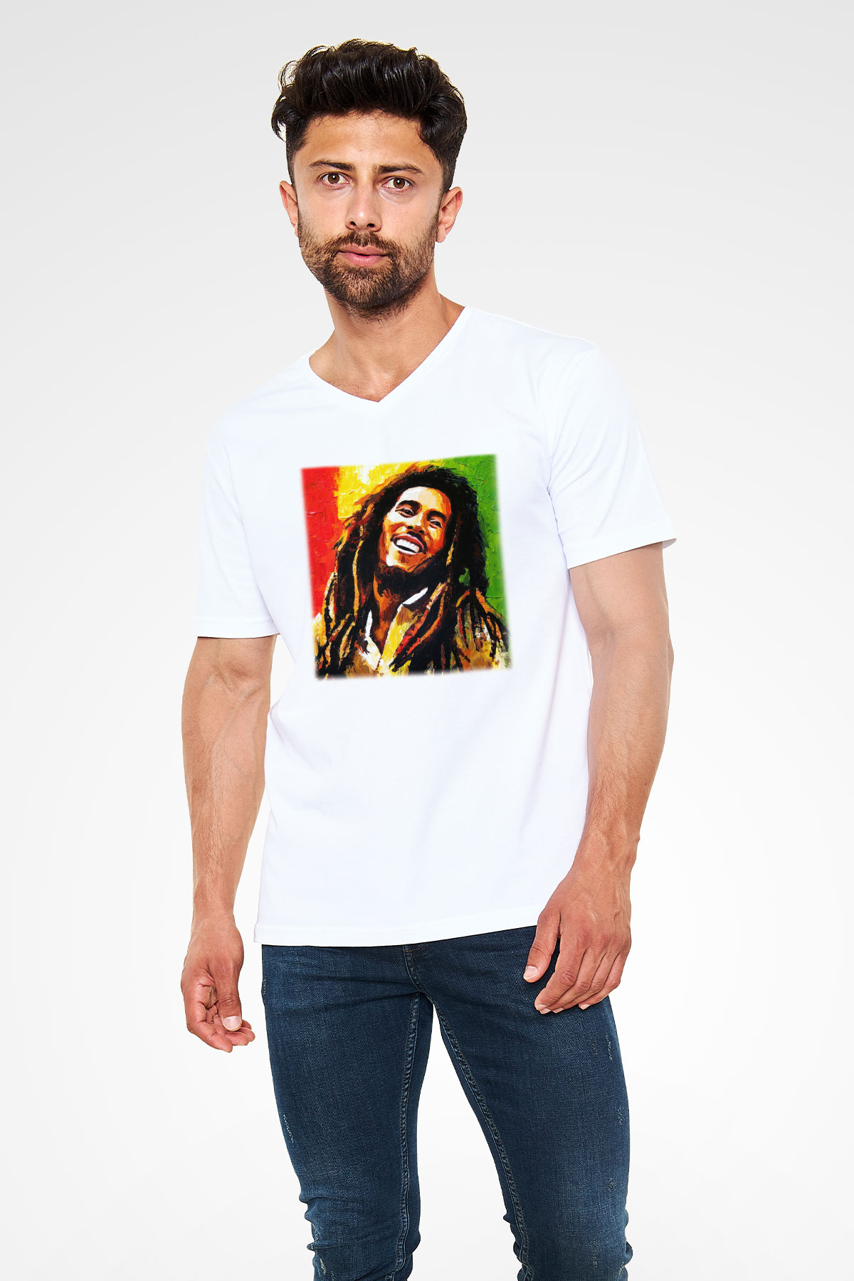 Bob Marley Beyaz Unisex V Yaka Tişört T-Shirt