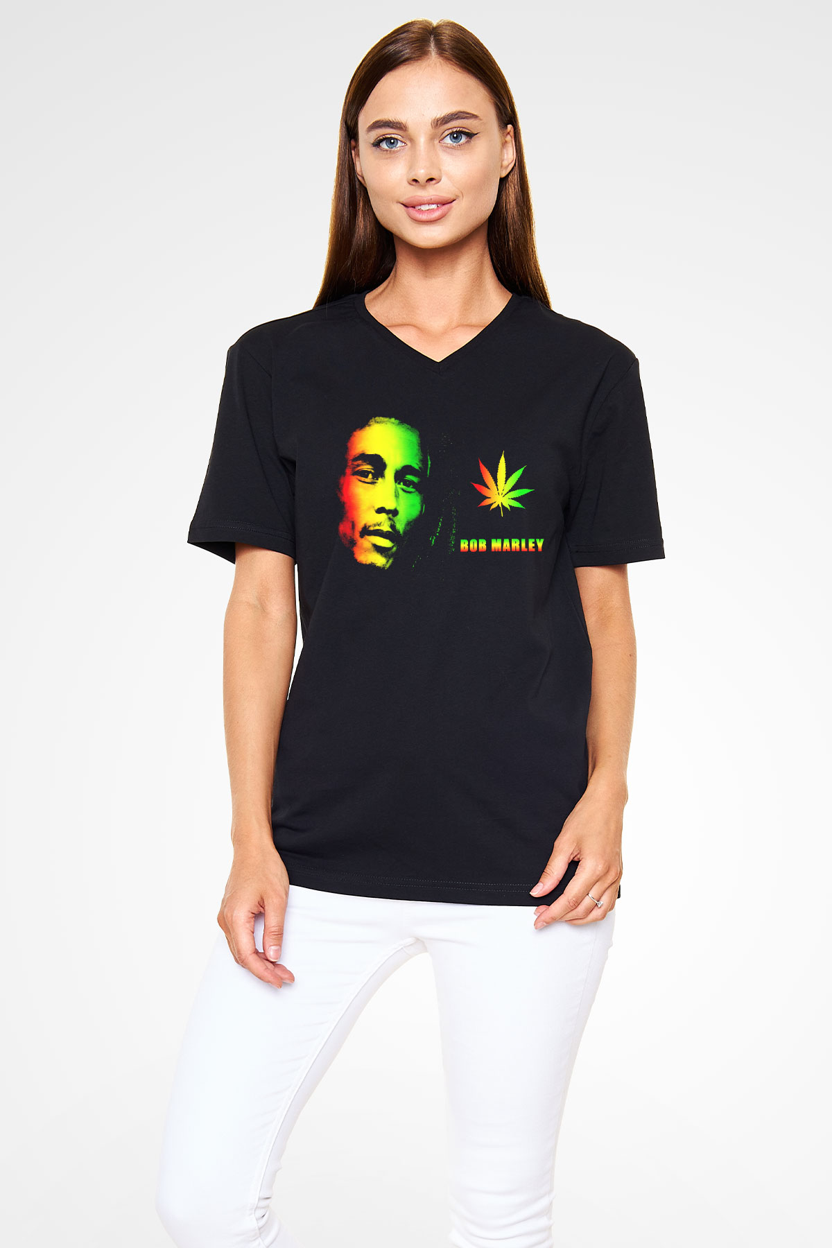 Bob Marley Siyah Unisex V Yaka Tişört T-Shirt