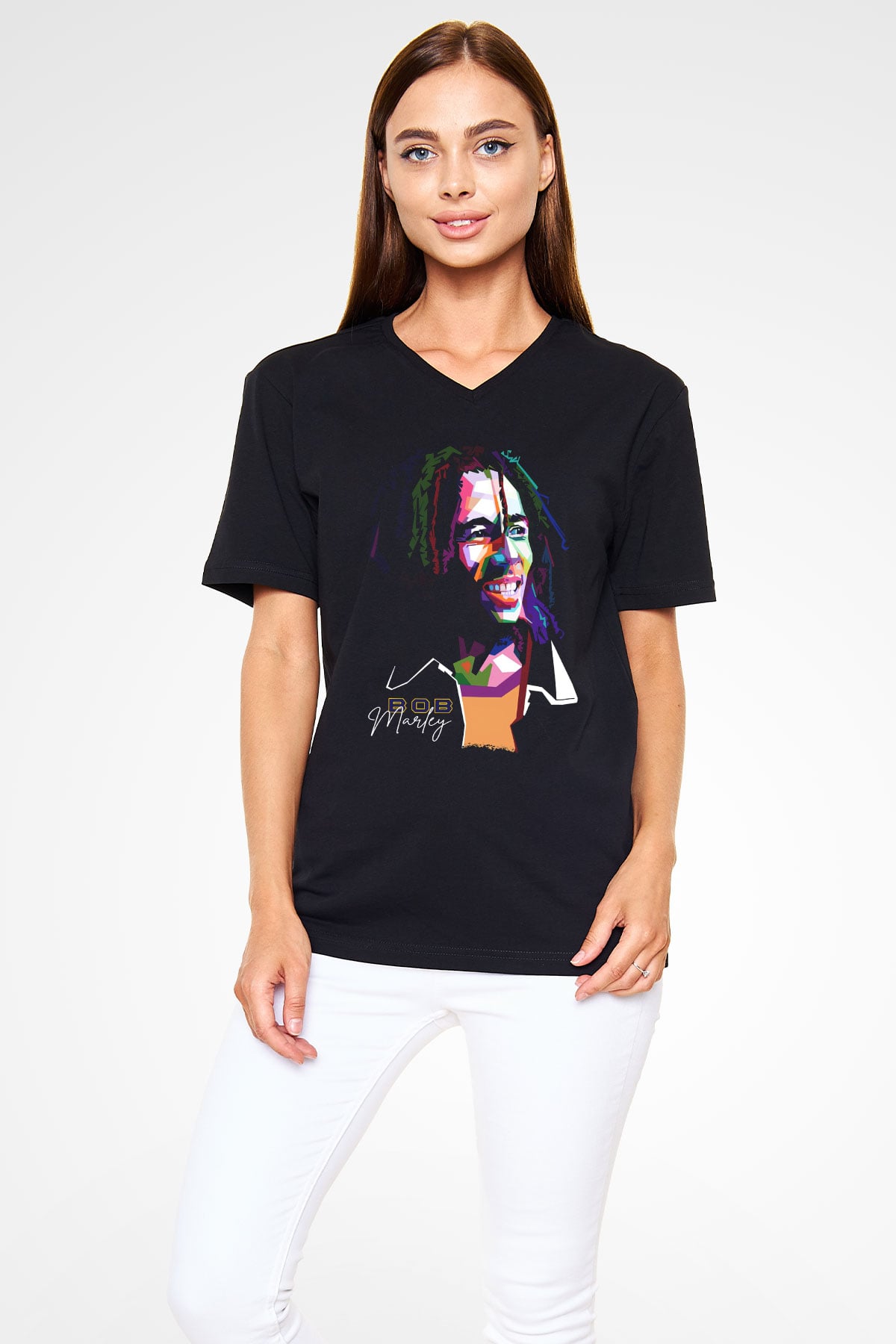 Bob Marley Siyah Unisex V Yaka Tişört