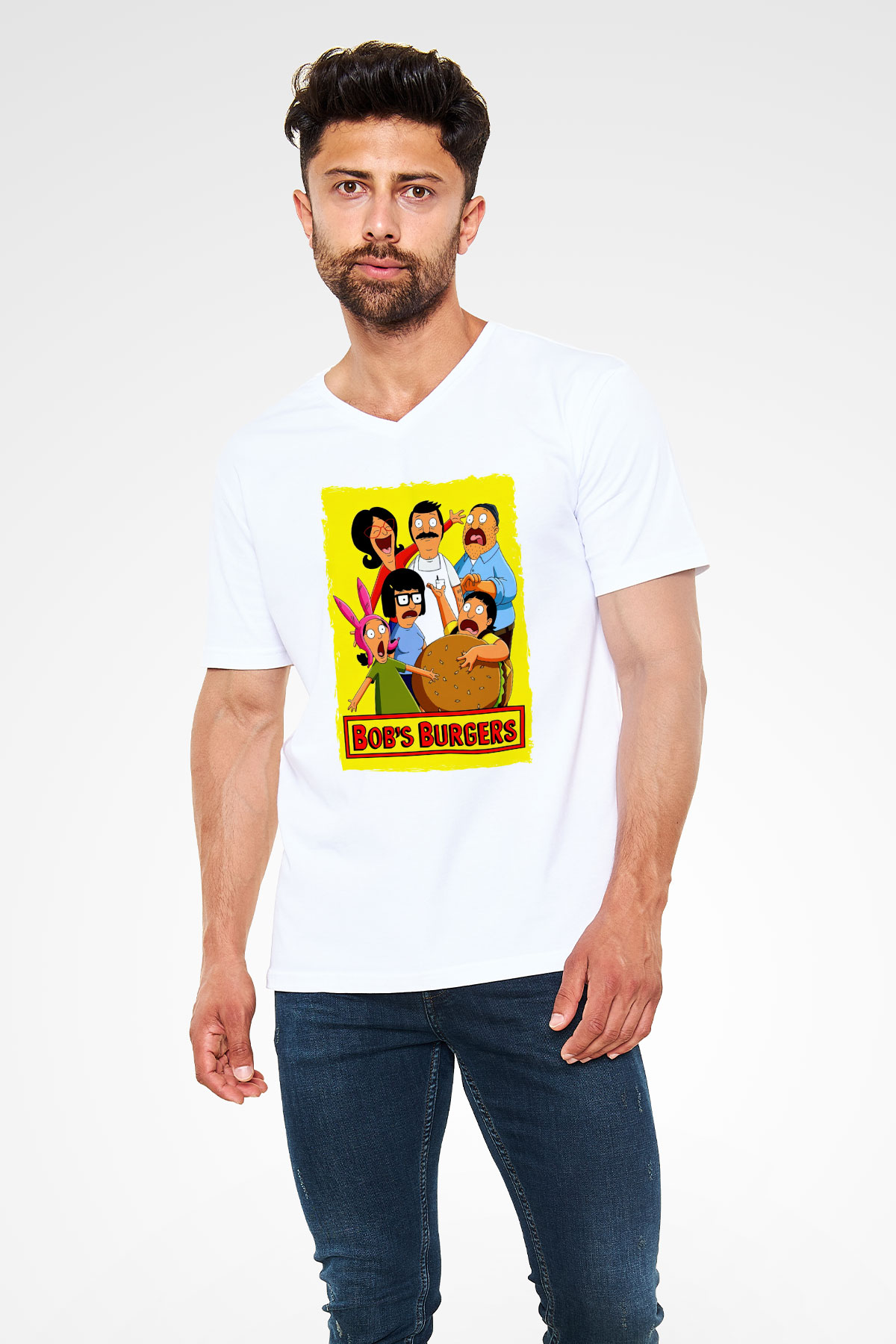 Bob's Burgers Beyaz Unisex V Yaka Tişört