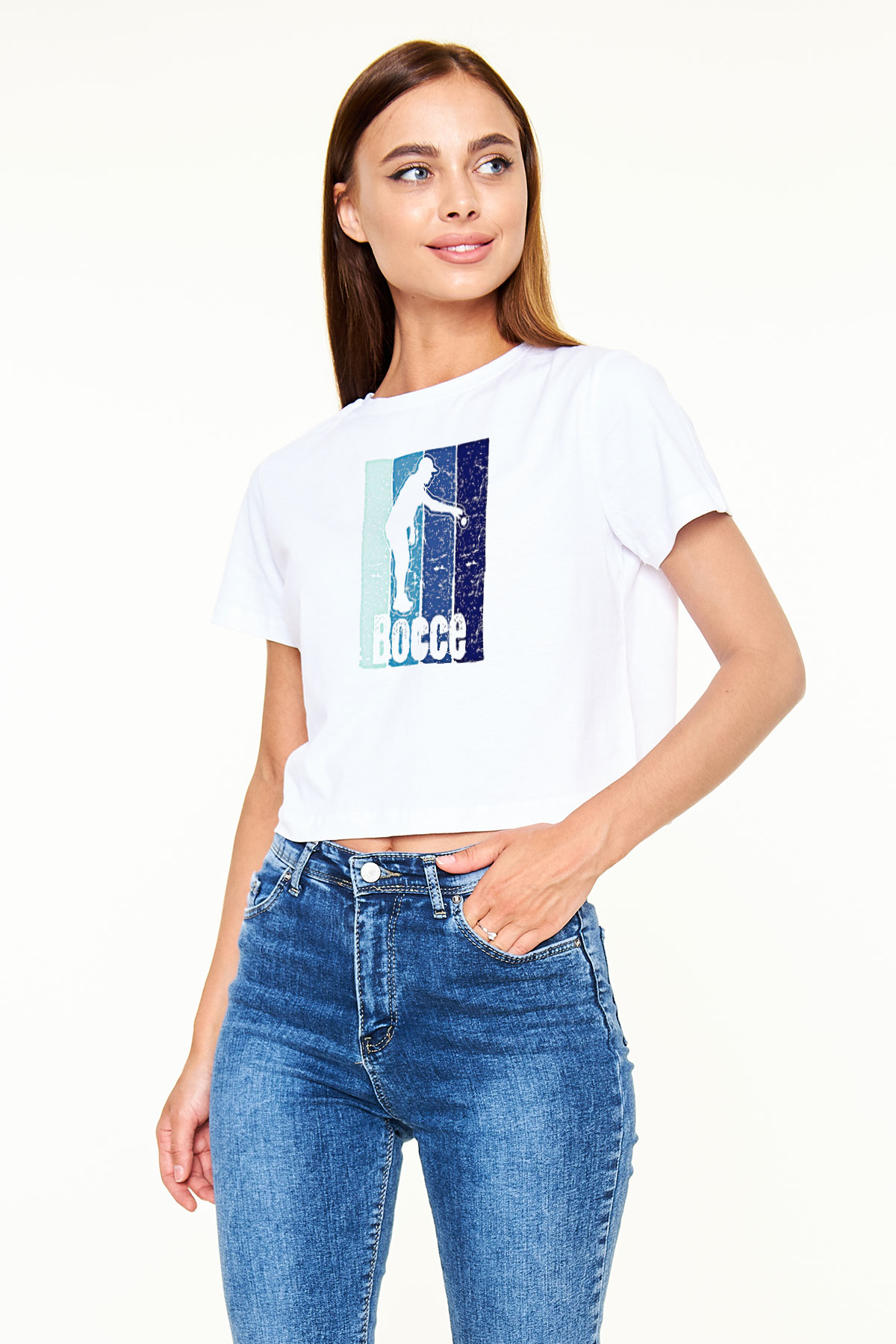 Bocce Baskılı Crop Top Beyaz Tişört - T-shirt
