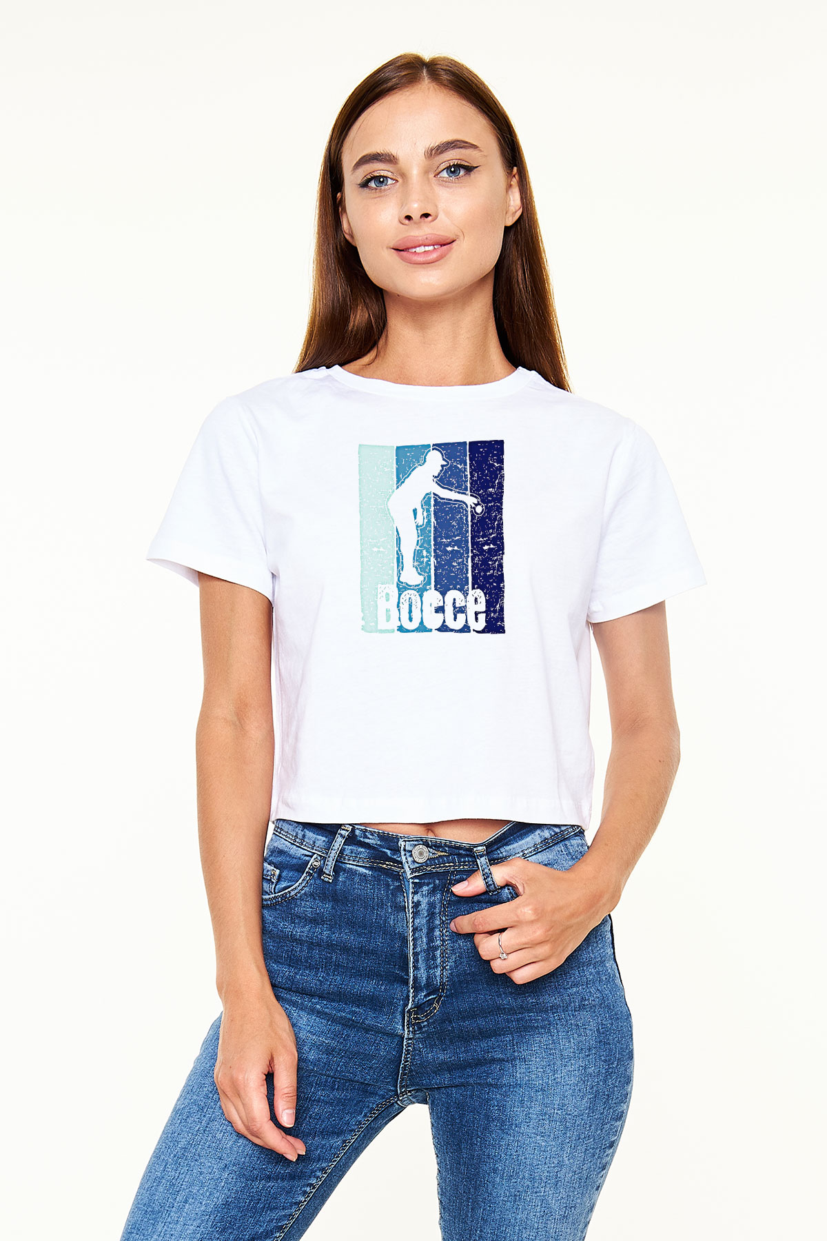 Bocce Baskılı Crop Top Beyaz Tişört - T-shirt