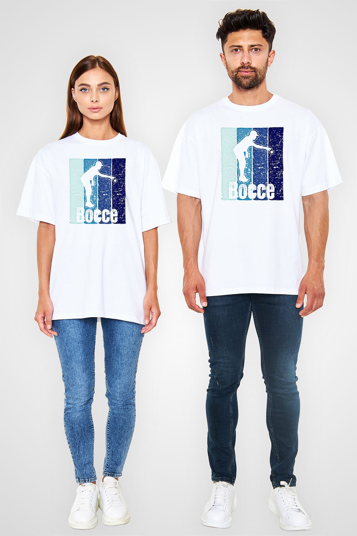 Bocce Baskılı Unisex Beyaz Oversize Tişört - Tshirt