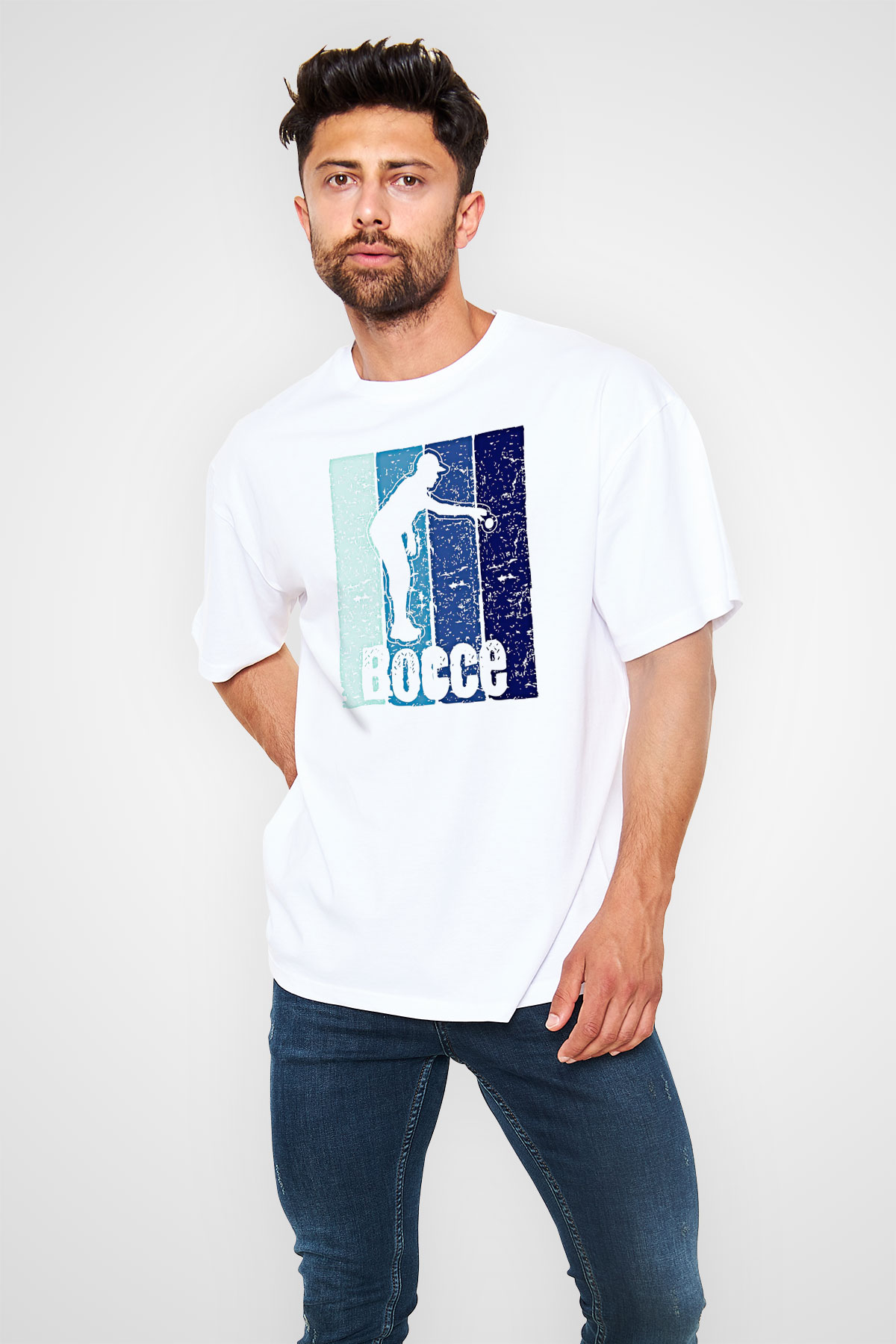 Bocce Baskılı Unisex Beyaz Oversize Tişört - Tshirt