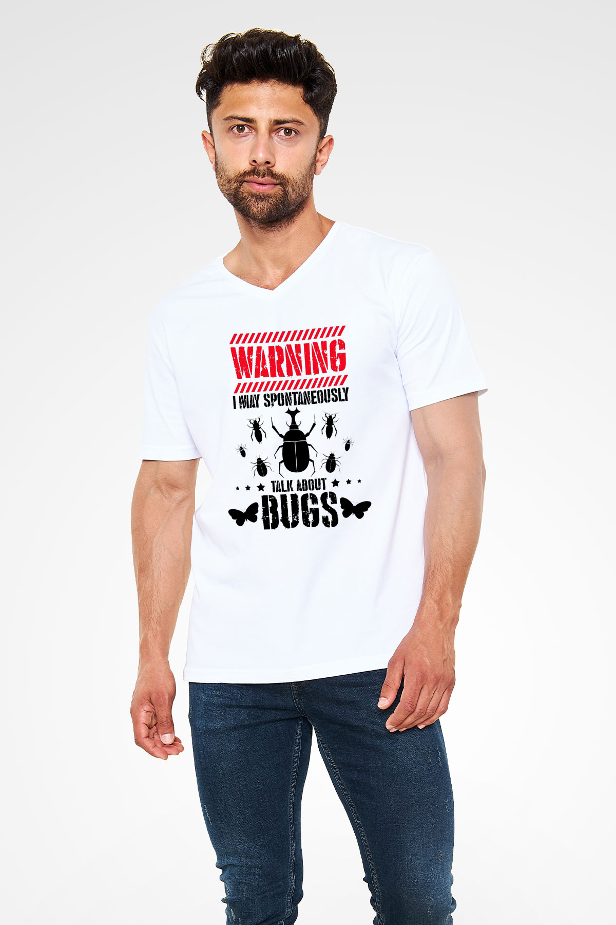 Böcekbilimci Beyaz Unisex V Yaka Tişört