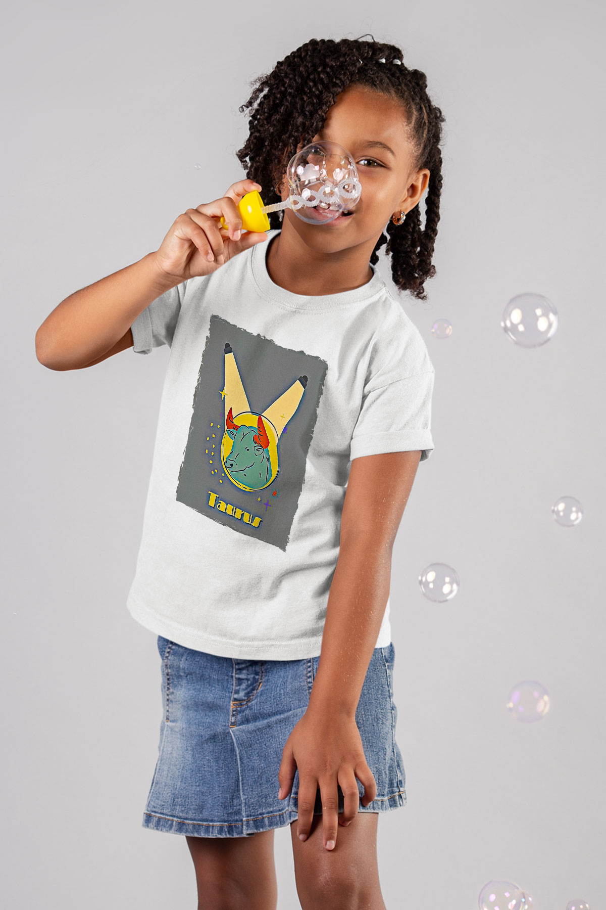 Boğa Burcu Baskılı Beyaz Unisex Beyaz Çocuk Tişört - Tshirt