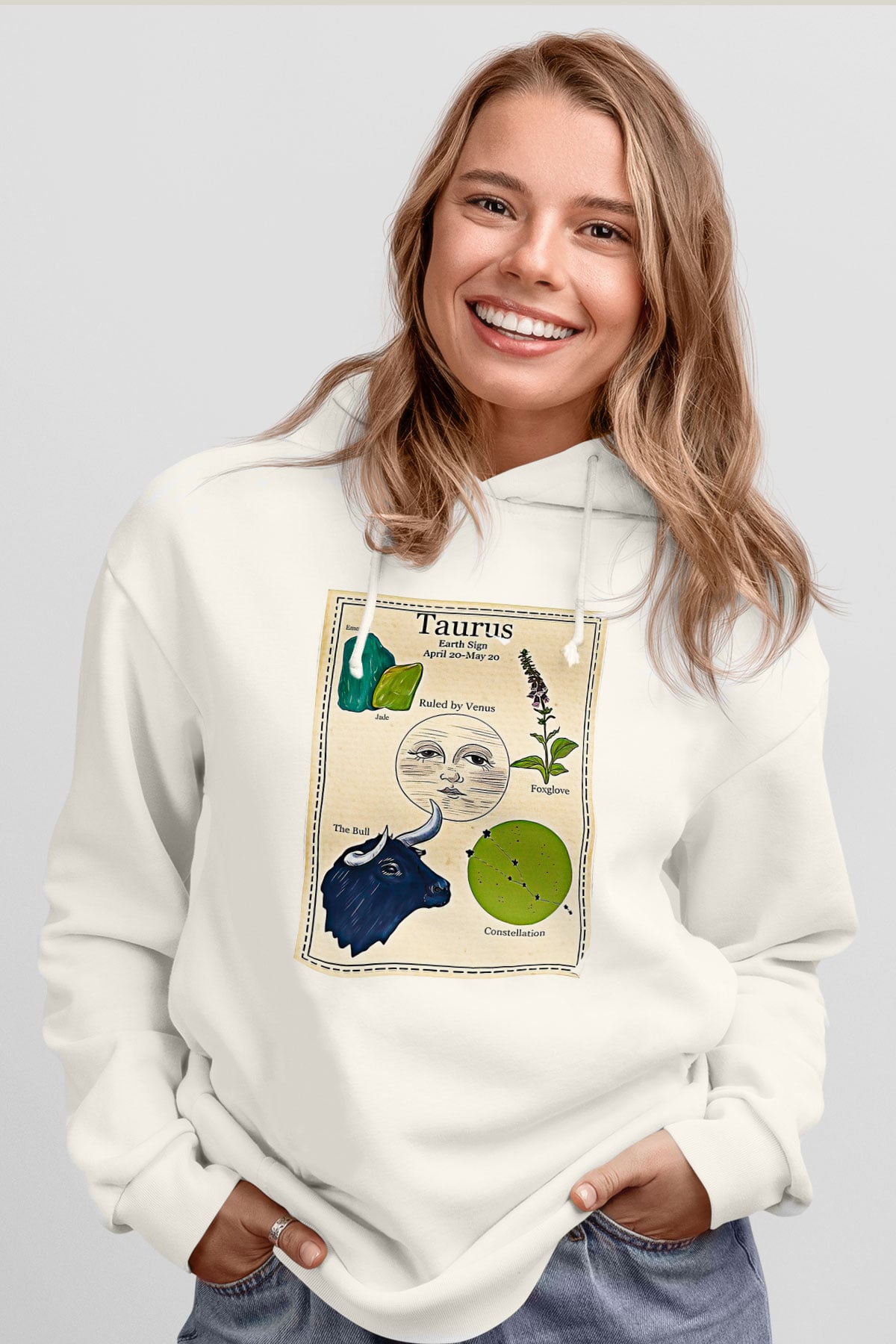 Boğa Burcu Baskılı Beyaz Unisex Hoodie
