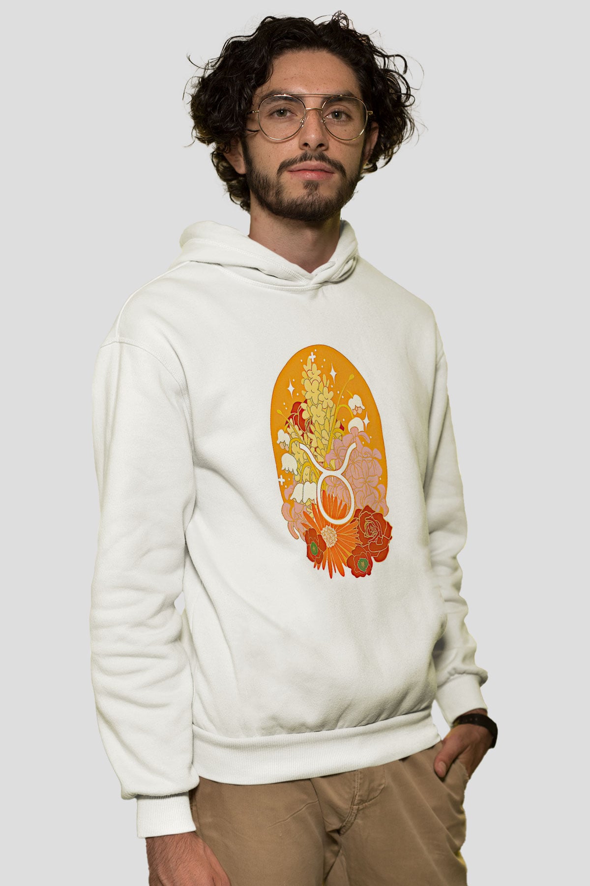 Boğa Burcu Baskılı Beyaz Unisex Hoodie