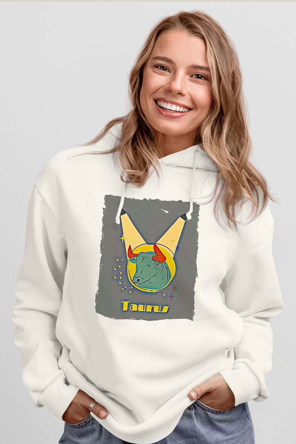Boğa Burcu Baskılı Beyaz Unisex Hoodie