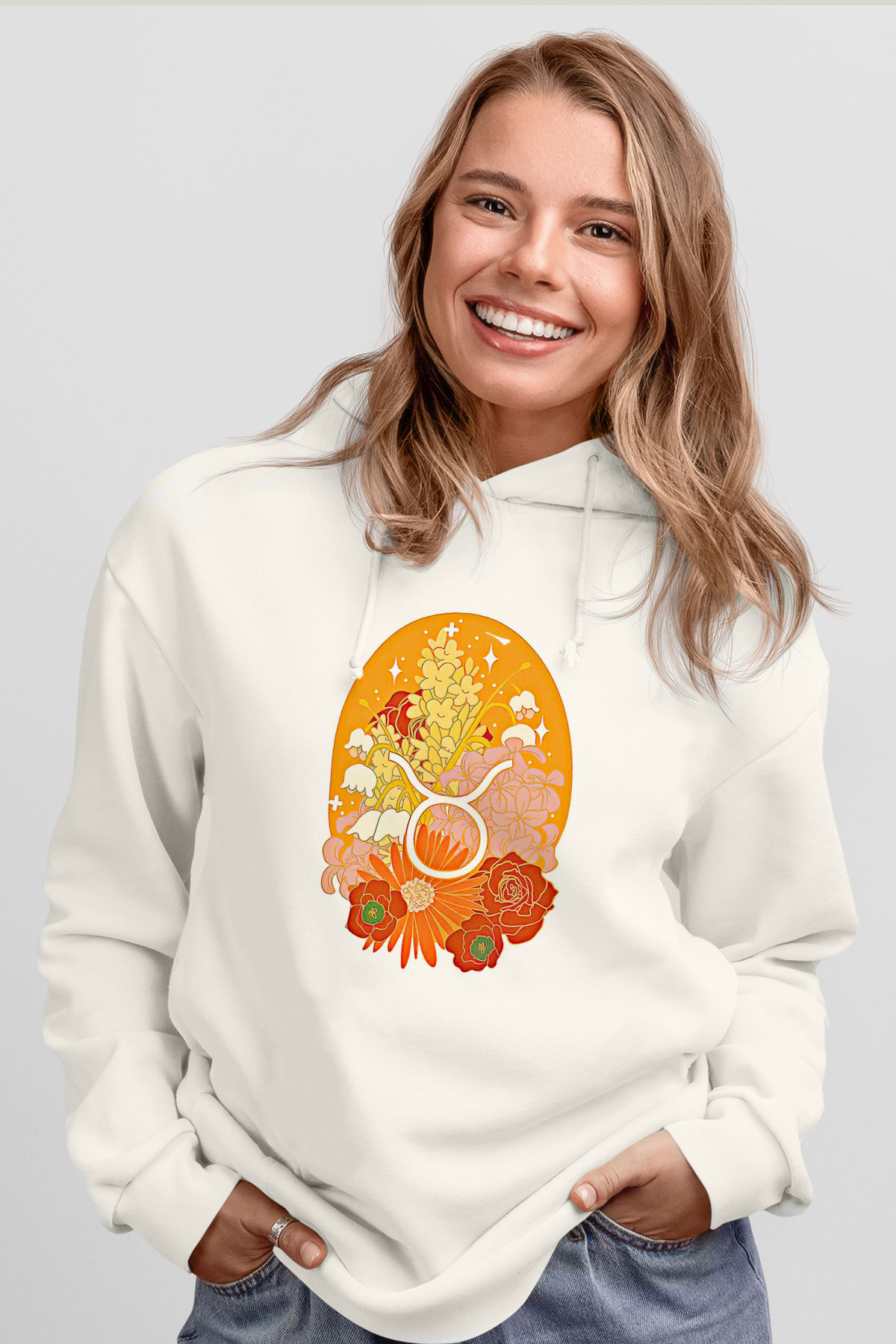 Boğa Burcu Baskılı Beyaz Unisex Hoodie
