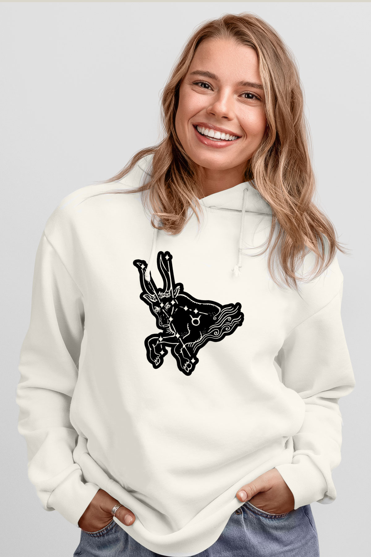 Boğa Burcu Baskılı Beyaz Unisex Hoodie
