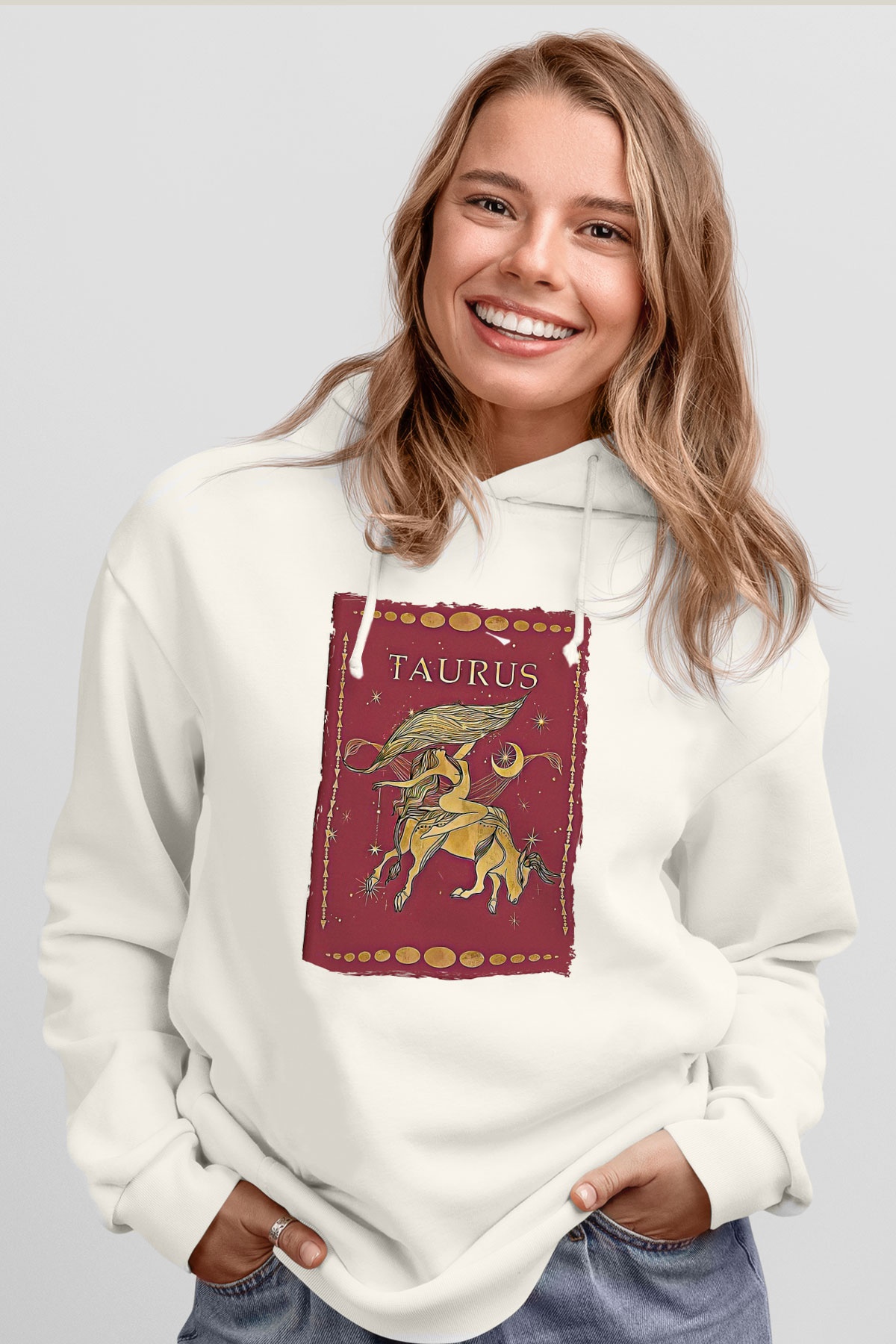 Boğa Burcu Baskılı Beyaz Unisex Hoodie