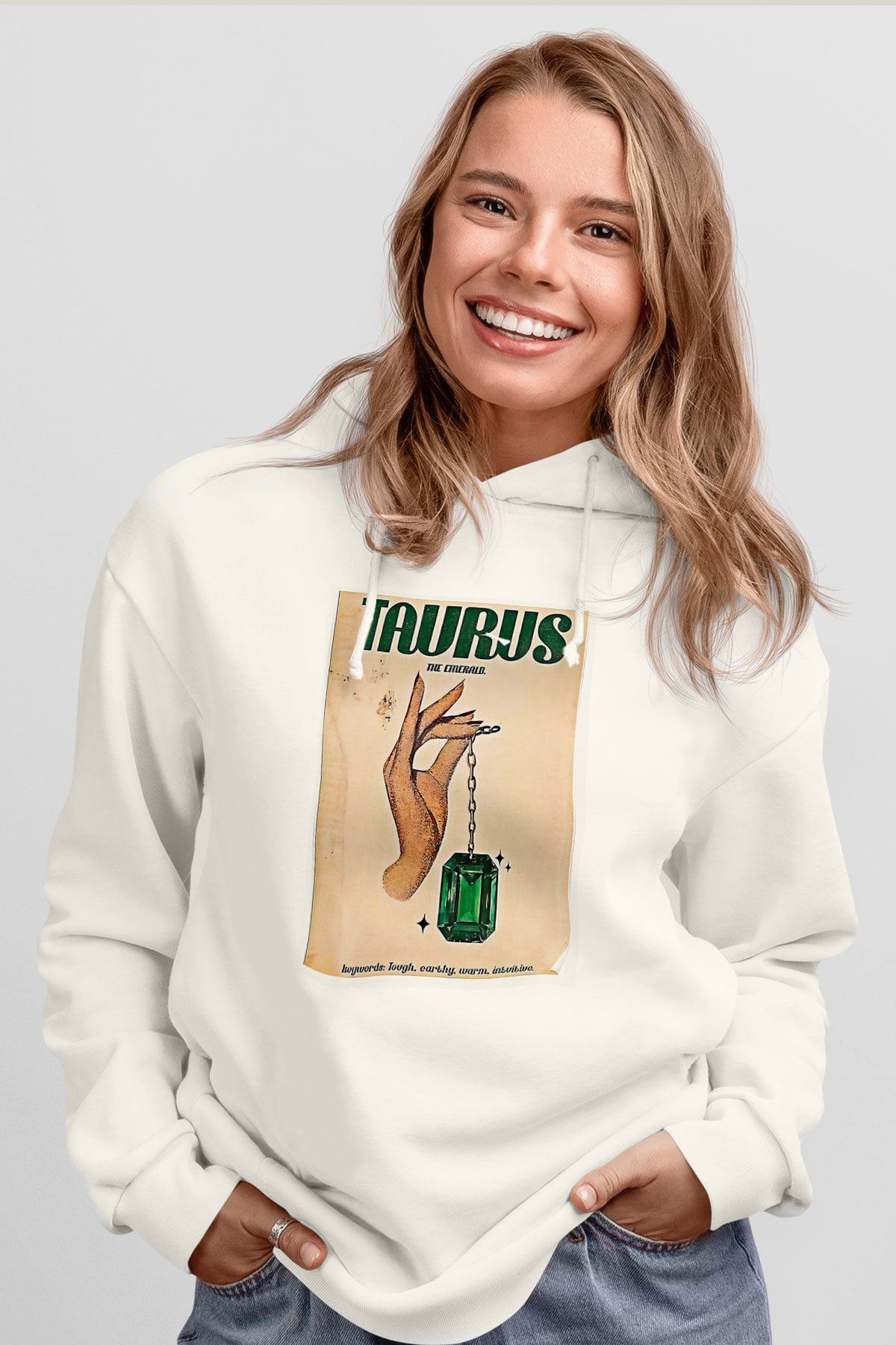 Boğa Burcu Baskılı Beyaz Unisex Hoodie