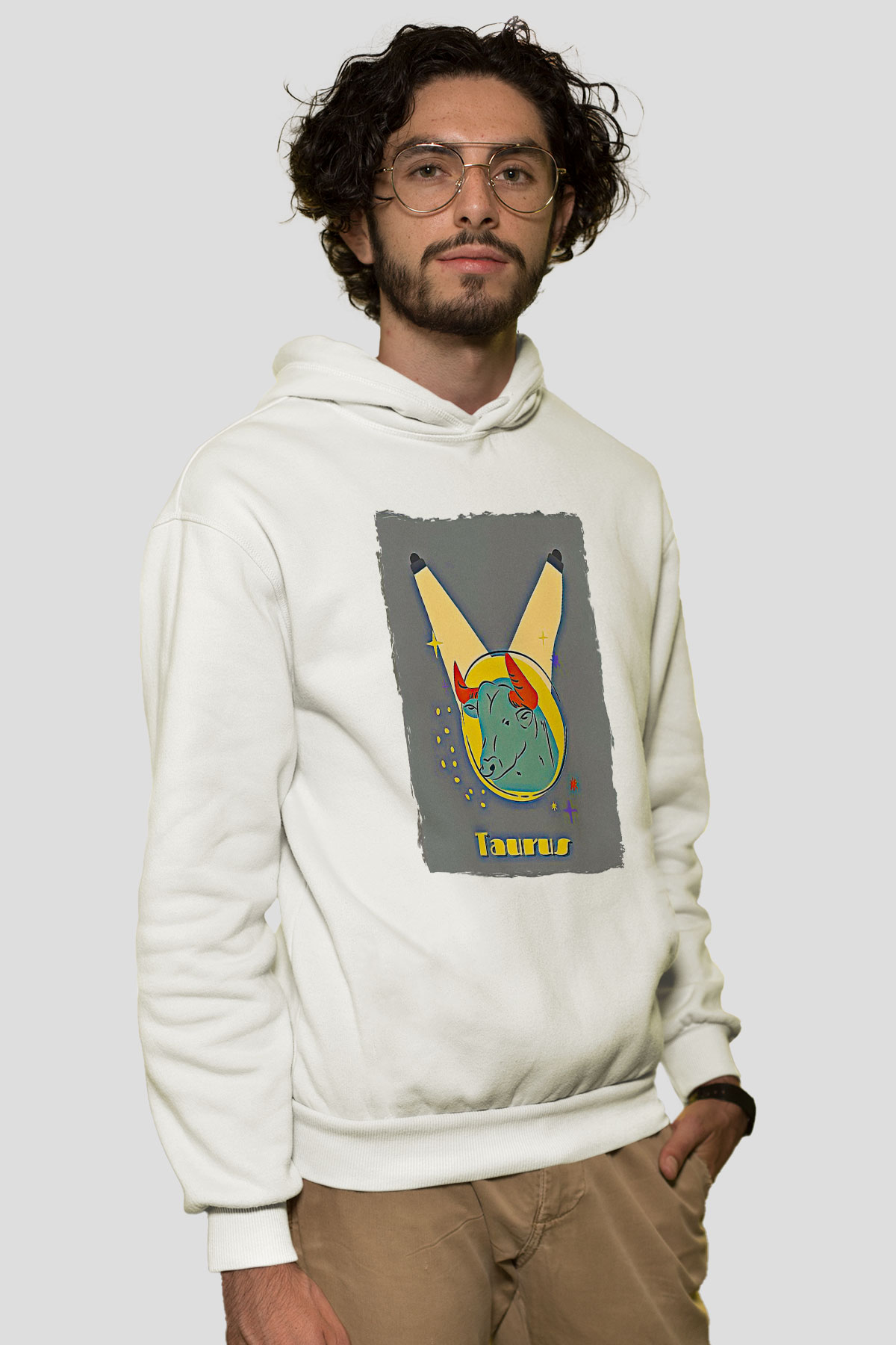 Boğa Burcu Baskılı Beyaz Unisex Hoodie