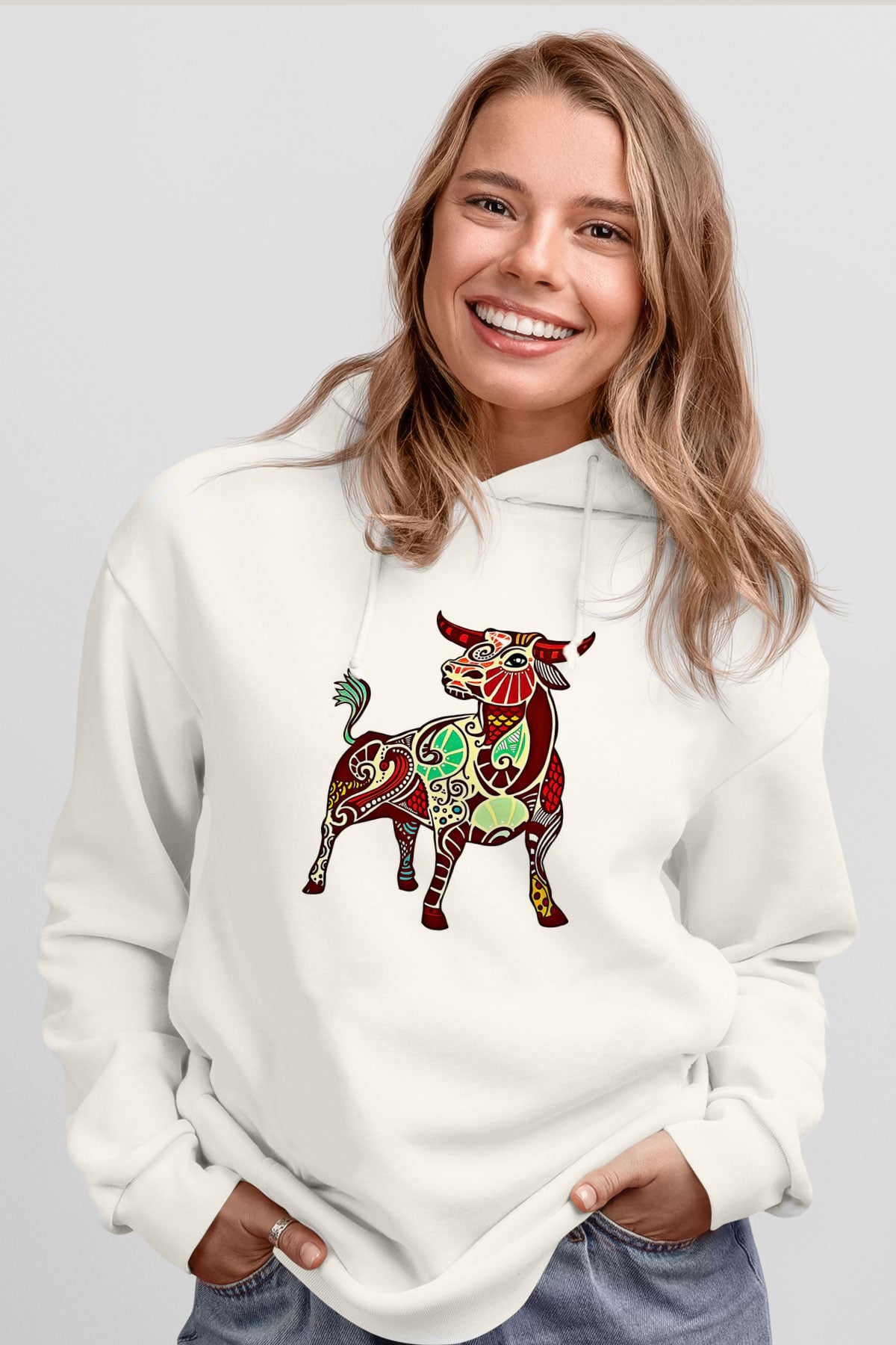 Boğa Burcu Baskılı Beyaz Unisex Hoodie