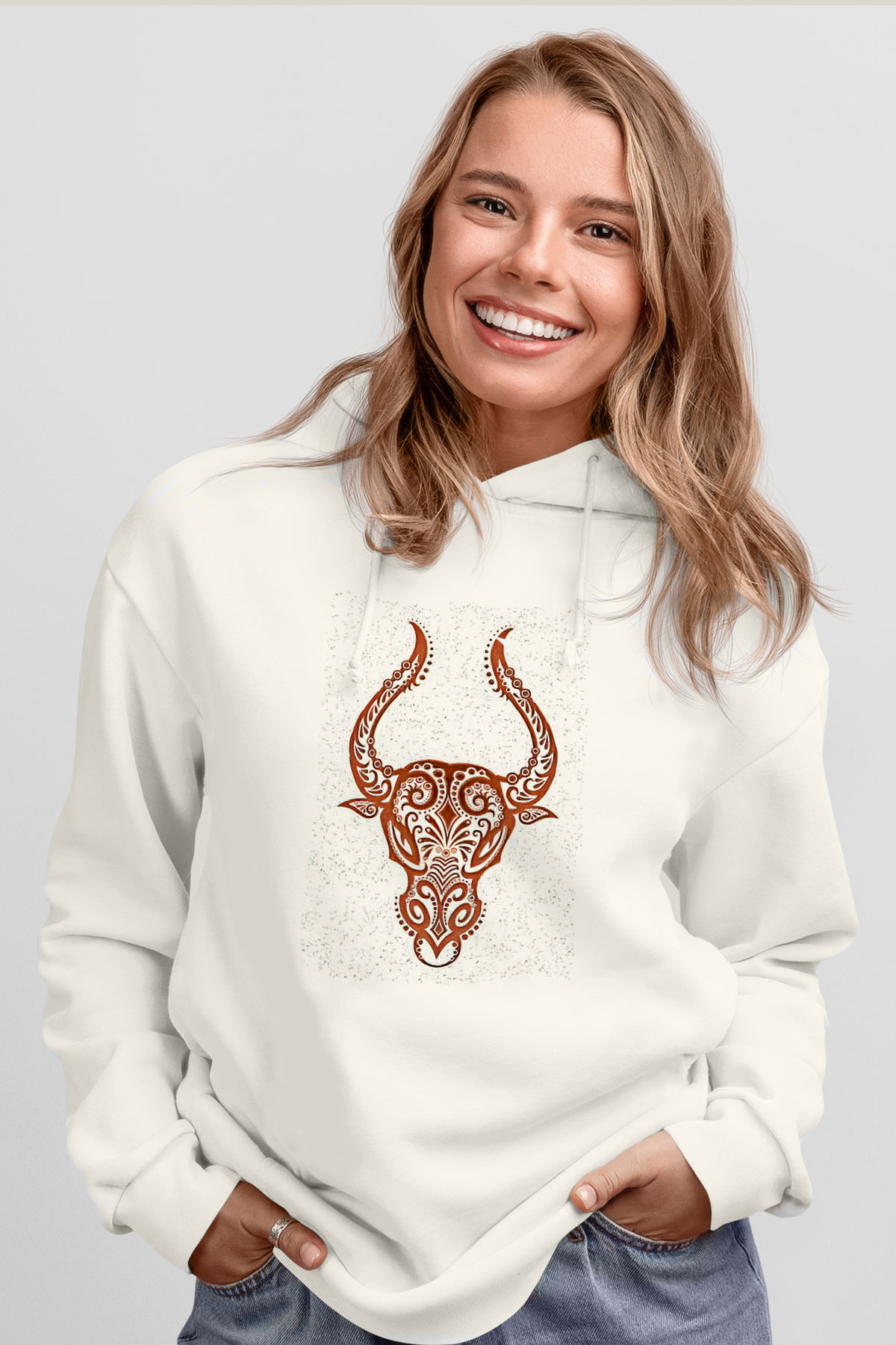 Boğa Burcu Baskılı Beyaz Unisex Hoodie