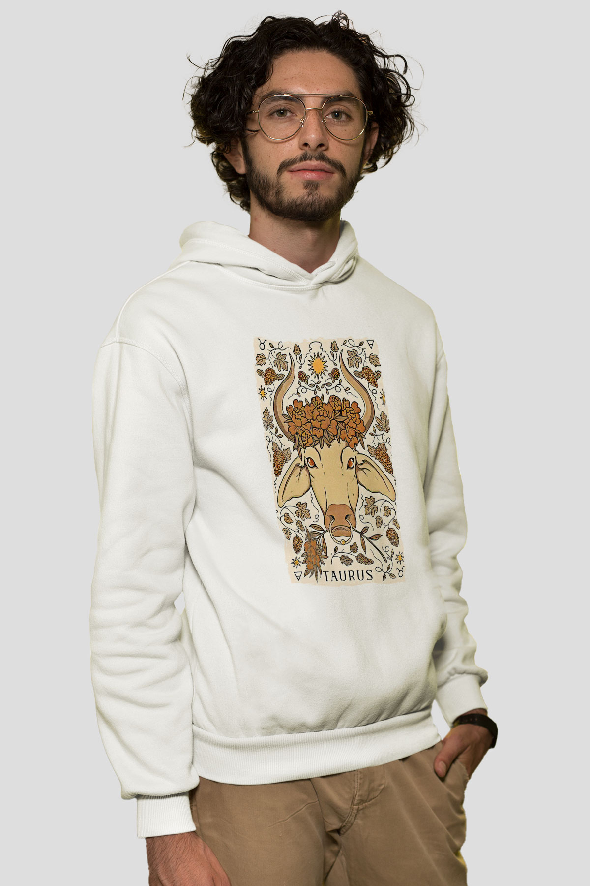 Boğa Burcu Baskılı Beyaz Unisex Hoodie