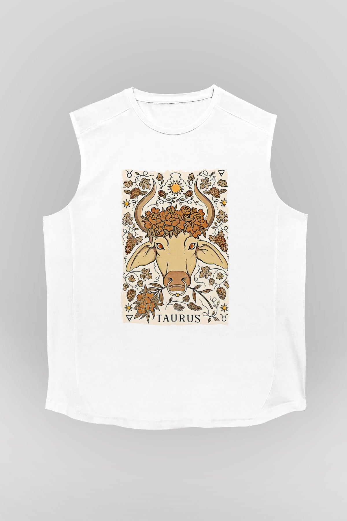 Boğa Burcu Baskılı Beyaz Unisex Kolsuz Tişört - Tshirt