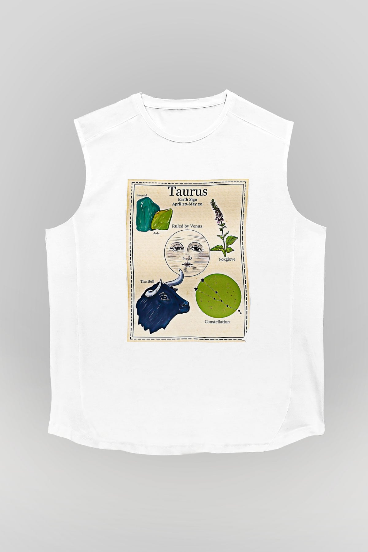 Boğa Burcu Baskılı Beyaz Unisex Kolsuz Tişört - Tshirt
