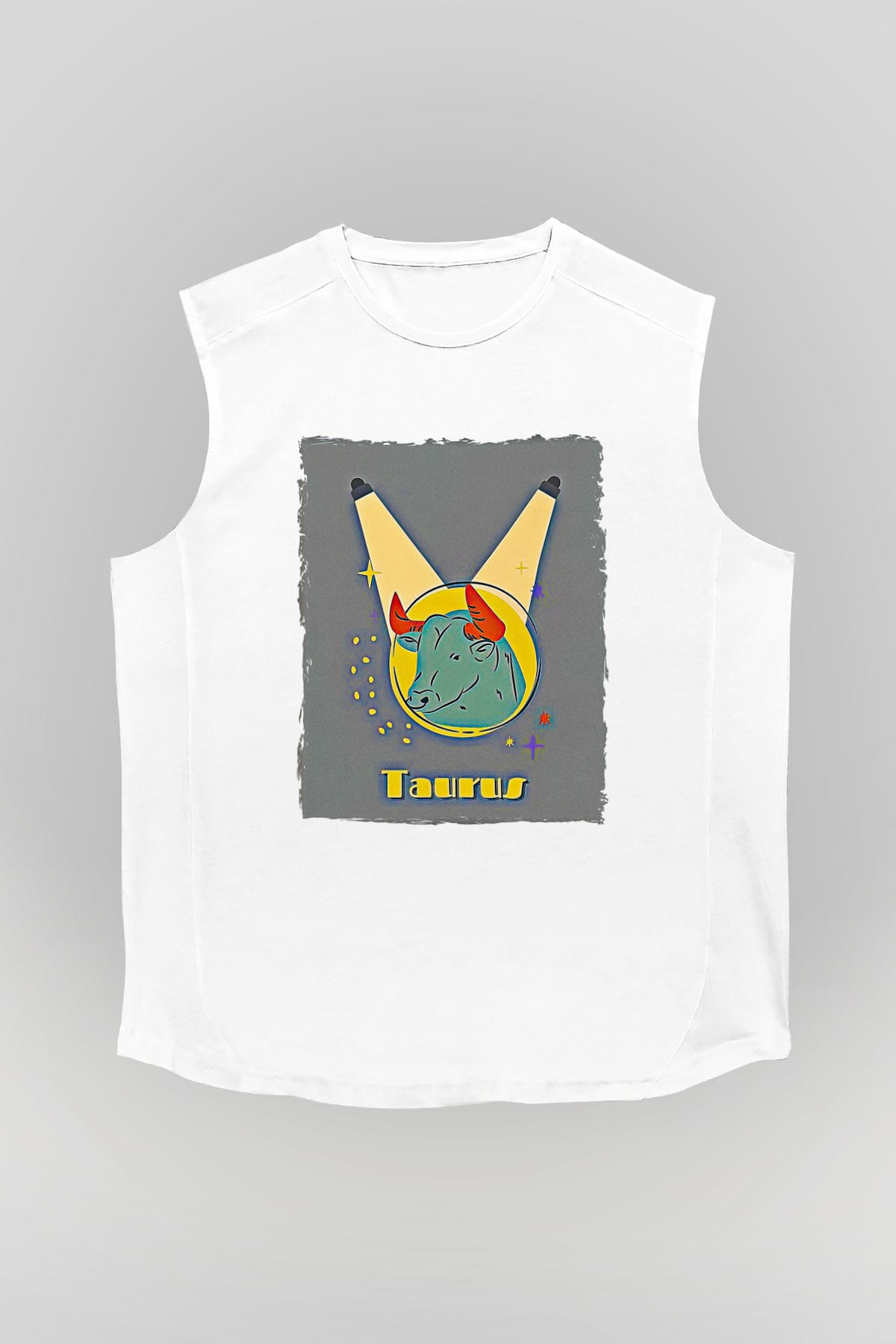 Boğa Burcu Baskılı Beyaz Unisex Kolsuz Tişört - Tshirt