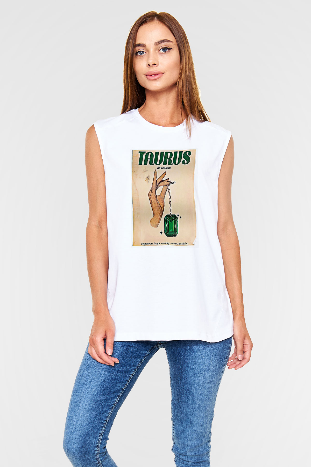 Boğa Burcu Baskılı Beyaz Unisex Kolsuz Tişört - Tshirt