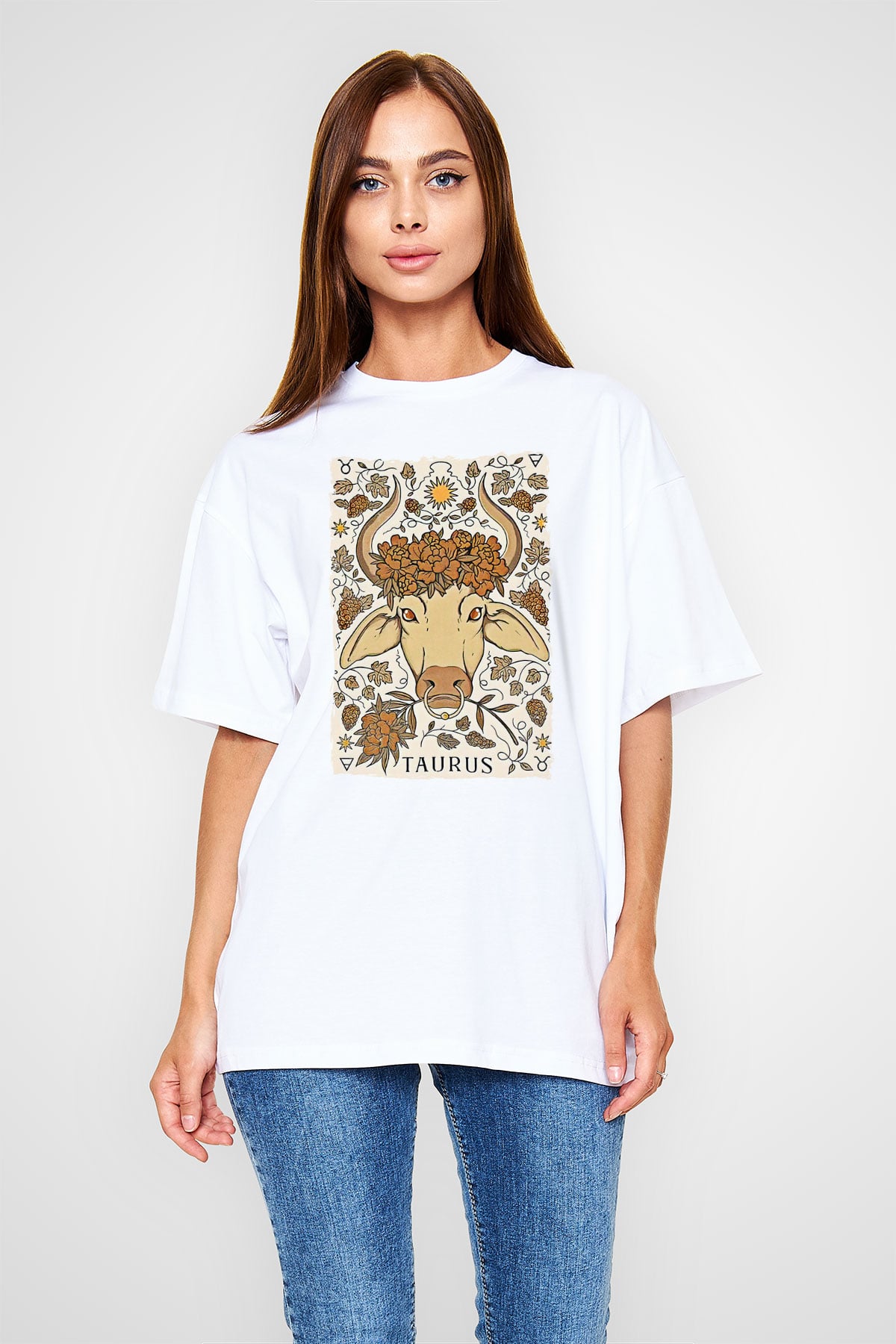 Boğa Burcu Baskılı Beyaz Unisex Oversize Tişört - Tshirt