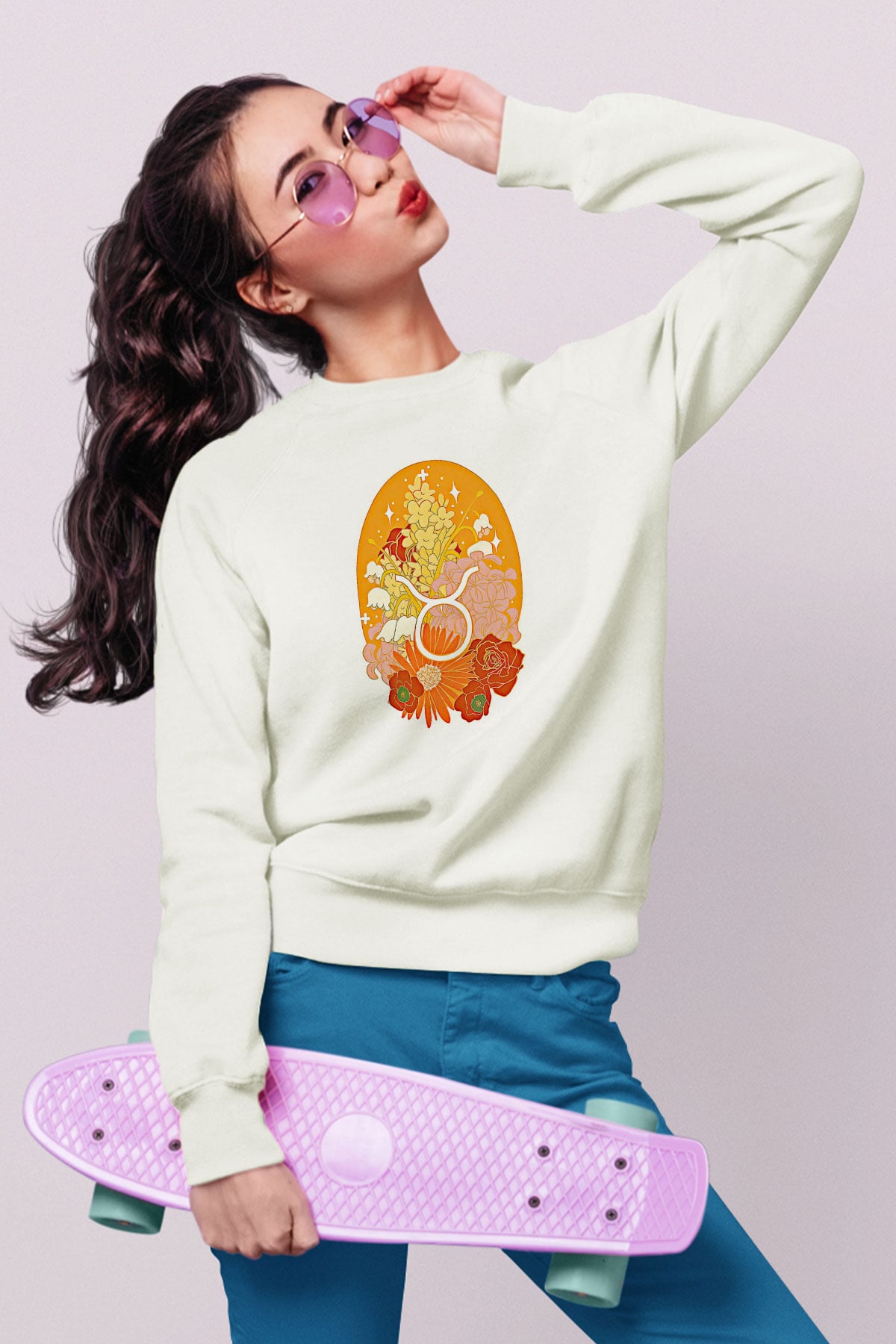 Boğa Burcu Baskılı Beyaz Unisex Sweatshirt