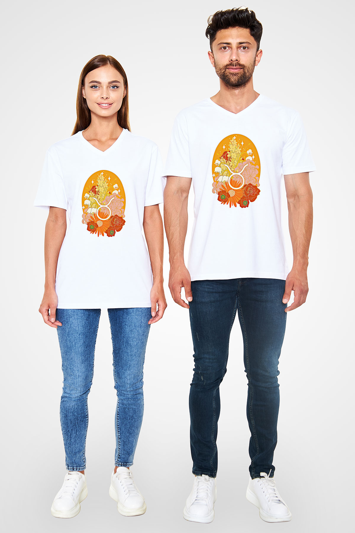 Boğa Burcu Baskılı Beyaz Unisex V Yaka Tişört - Tshirt