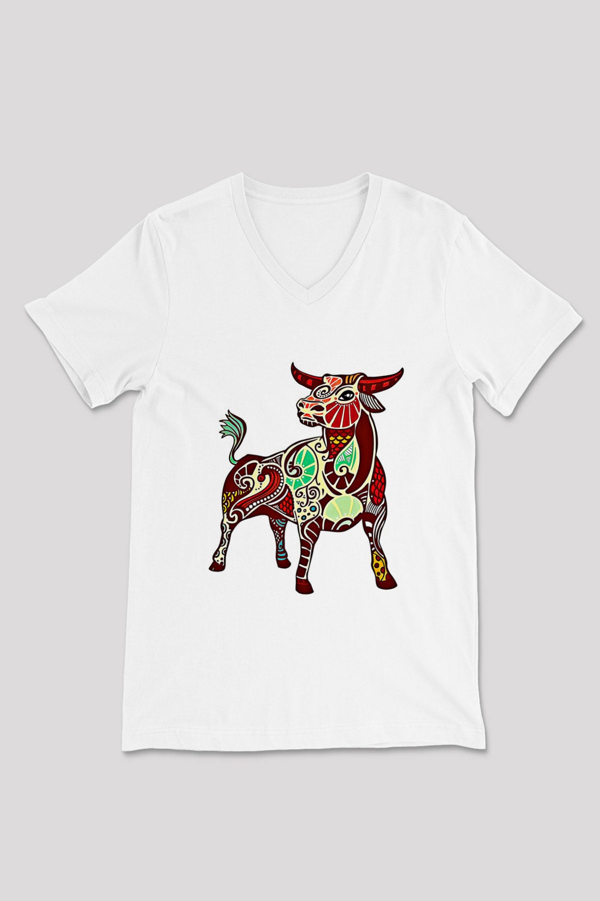 Boğa Burcu Baskılı Beyaz Unisex V Yaka Tişört - Tshirt
