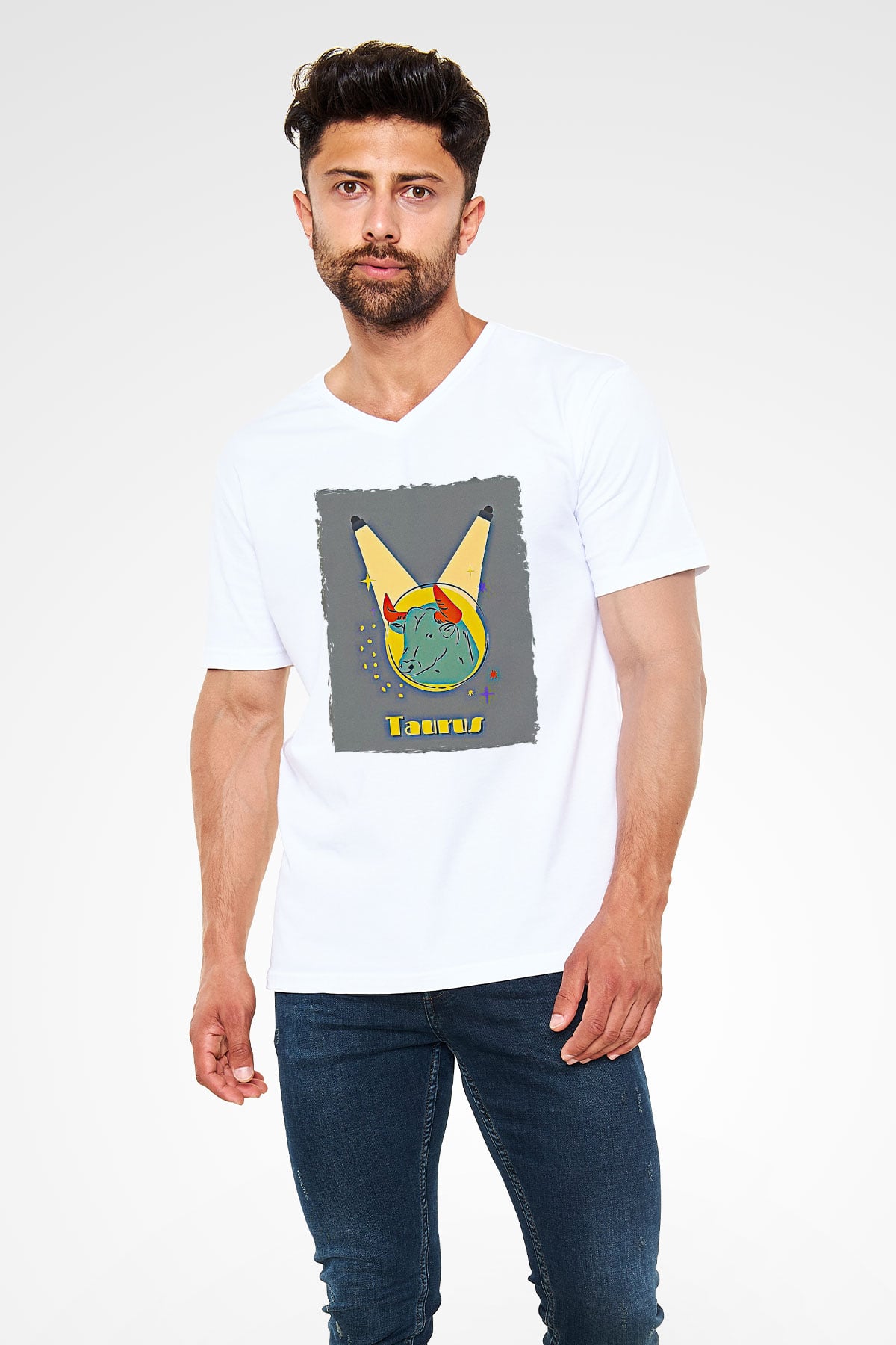 Boğa Burcu Baskılı Beyaz Unisex V Yaka Tişört - Tshirt