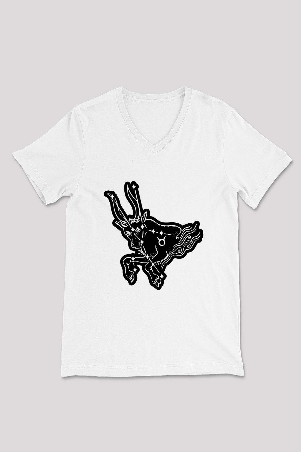 Boğa Burcu Baskılı Beyaz Unisex V Yaka Tişört - Tshirt