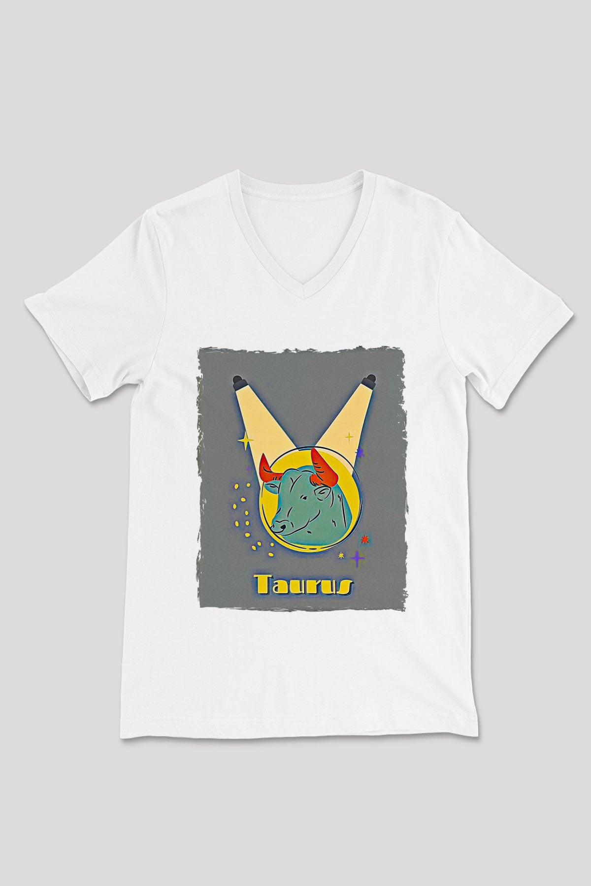 Boğa Burcu Baskılı Beyaz Unisex V Yaka Tişört - Tshirt